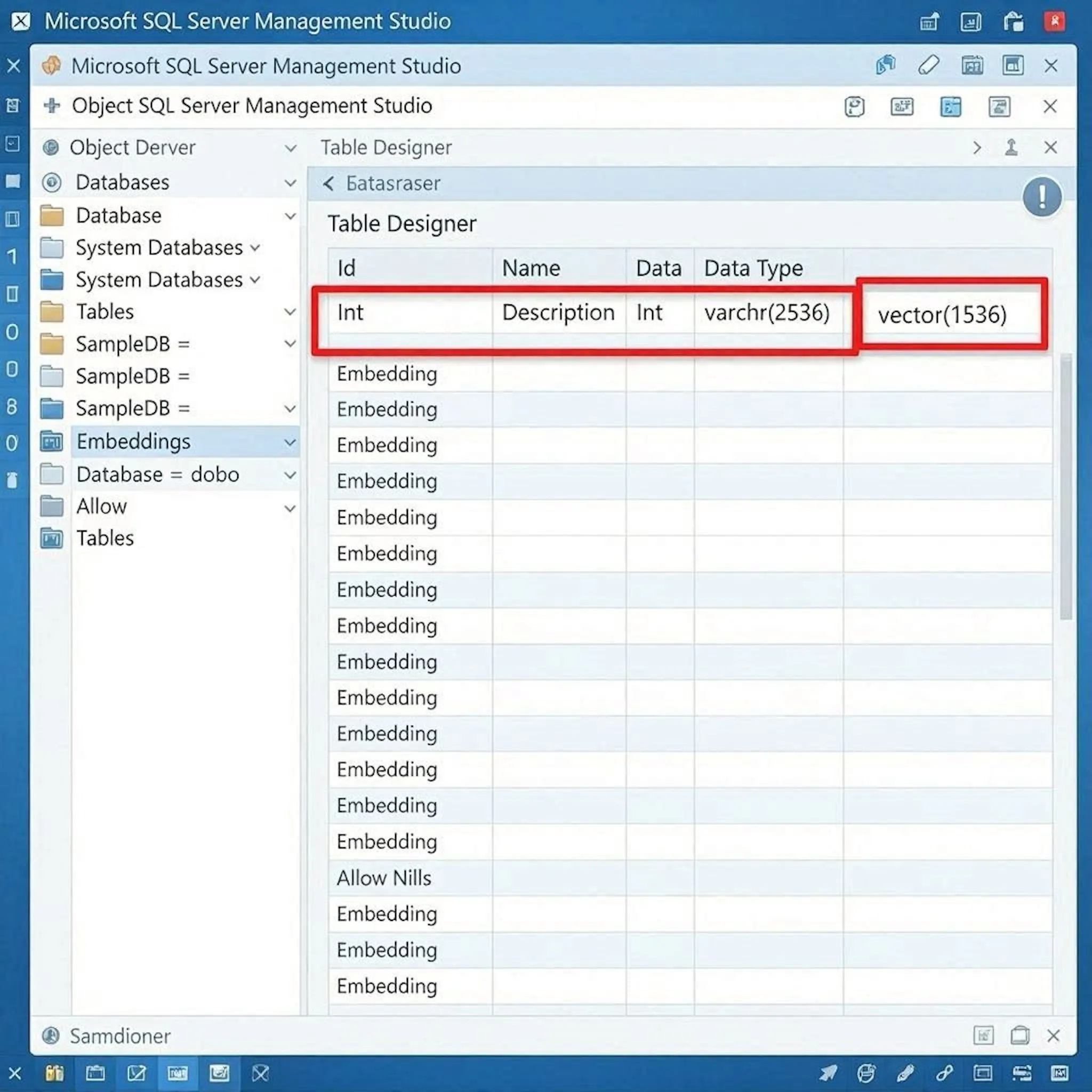 SSMS Object Explorer showing a native vector(1536) data type column definition.