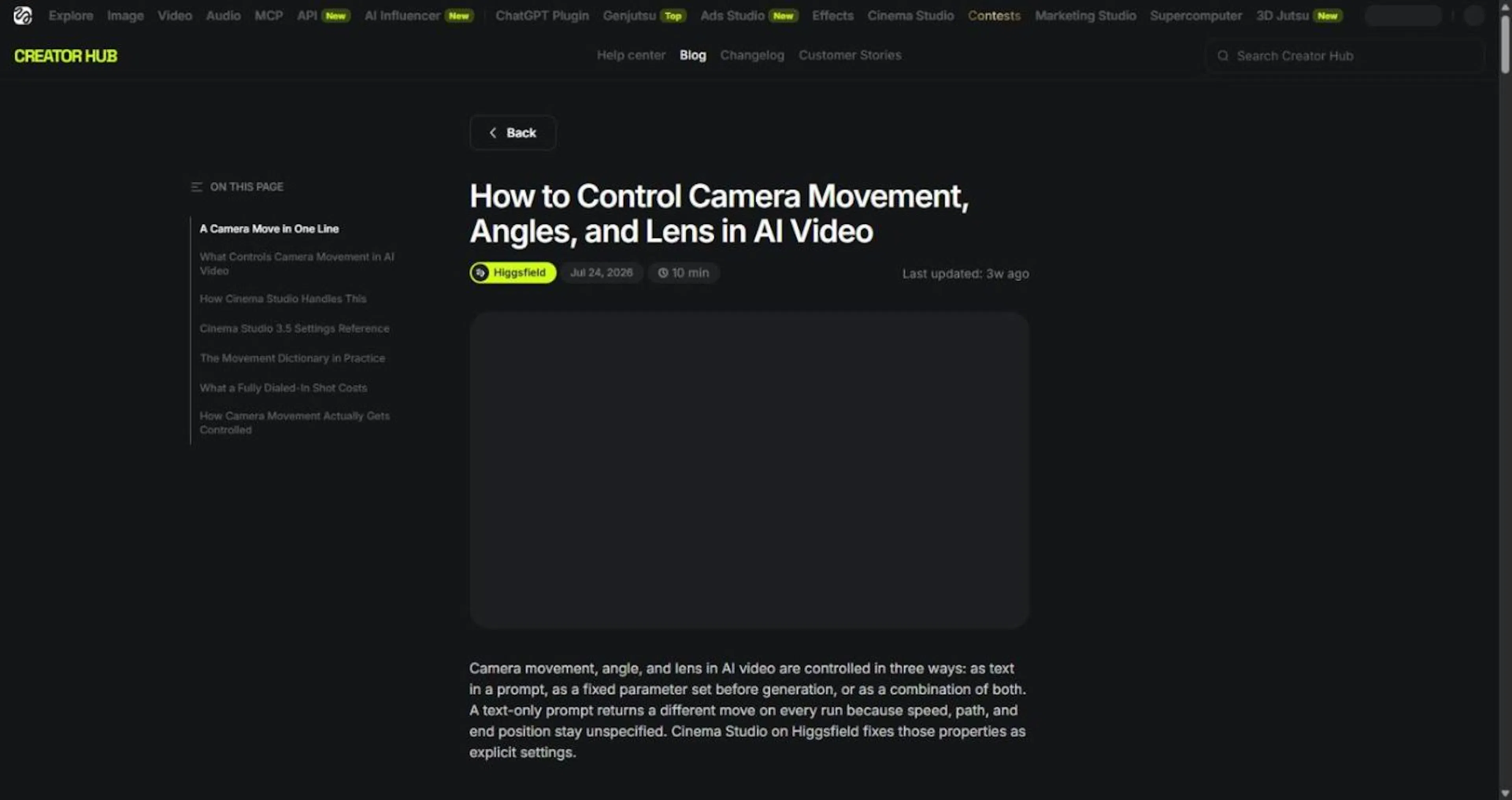 Higgsfield's Cinema Studio documentation on controlling camera movement, angle, and lens.