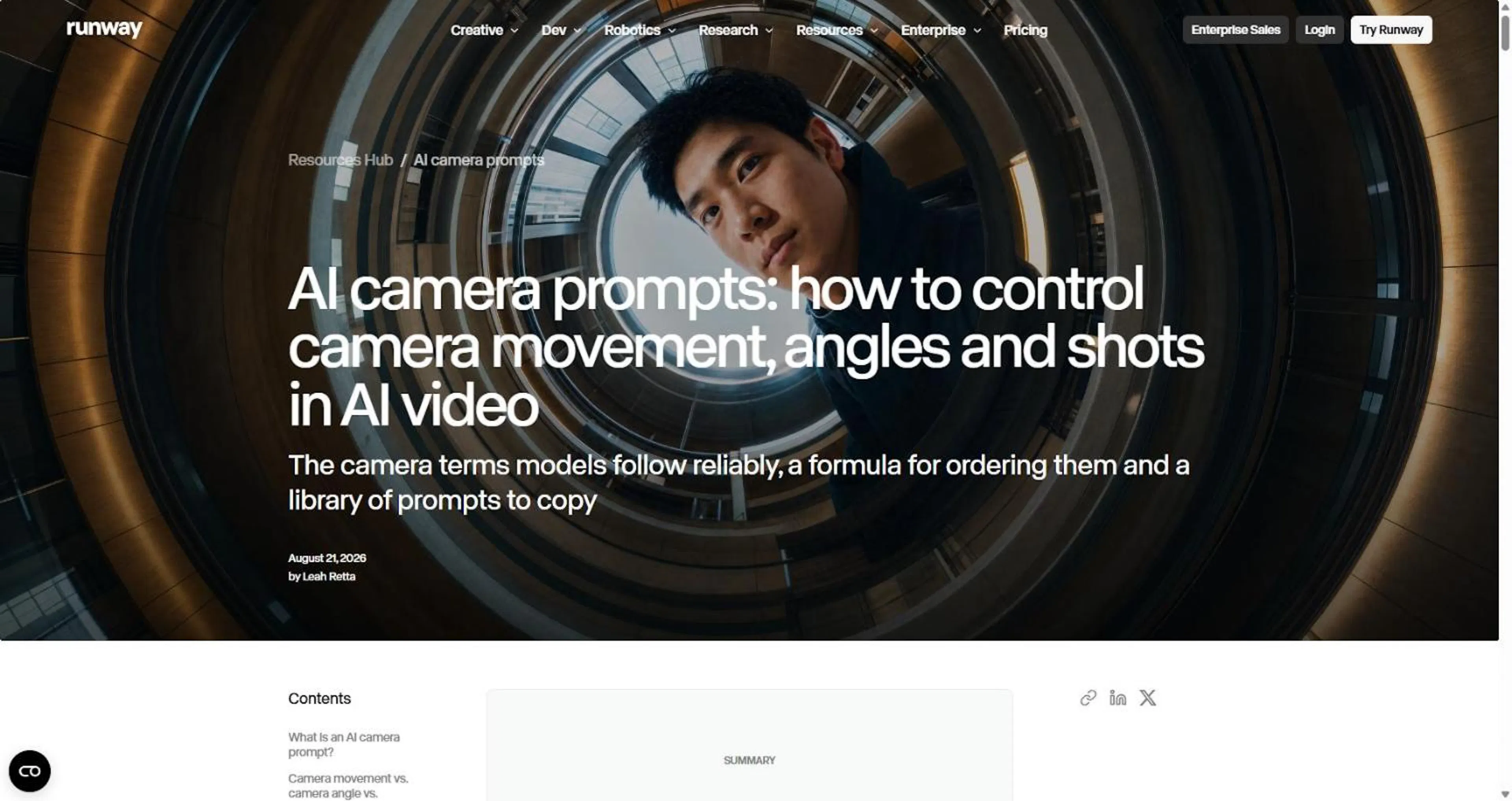 Runway's AI camera prompts guide, dated August 2026.