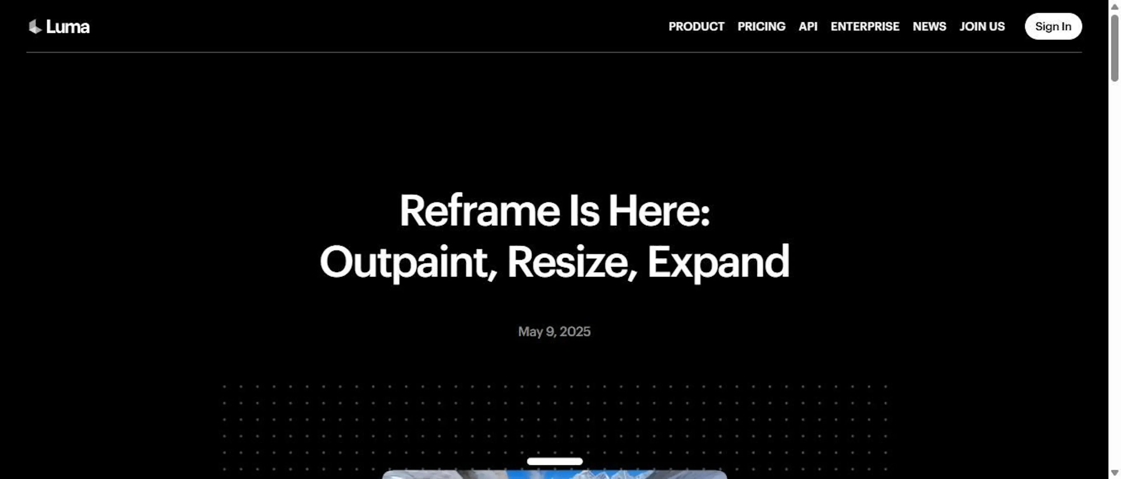 Luma's Reframe changelog page, screenshot by the author