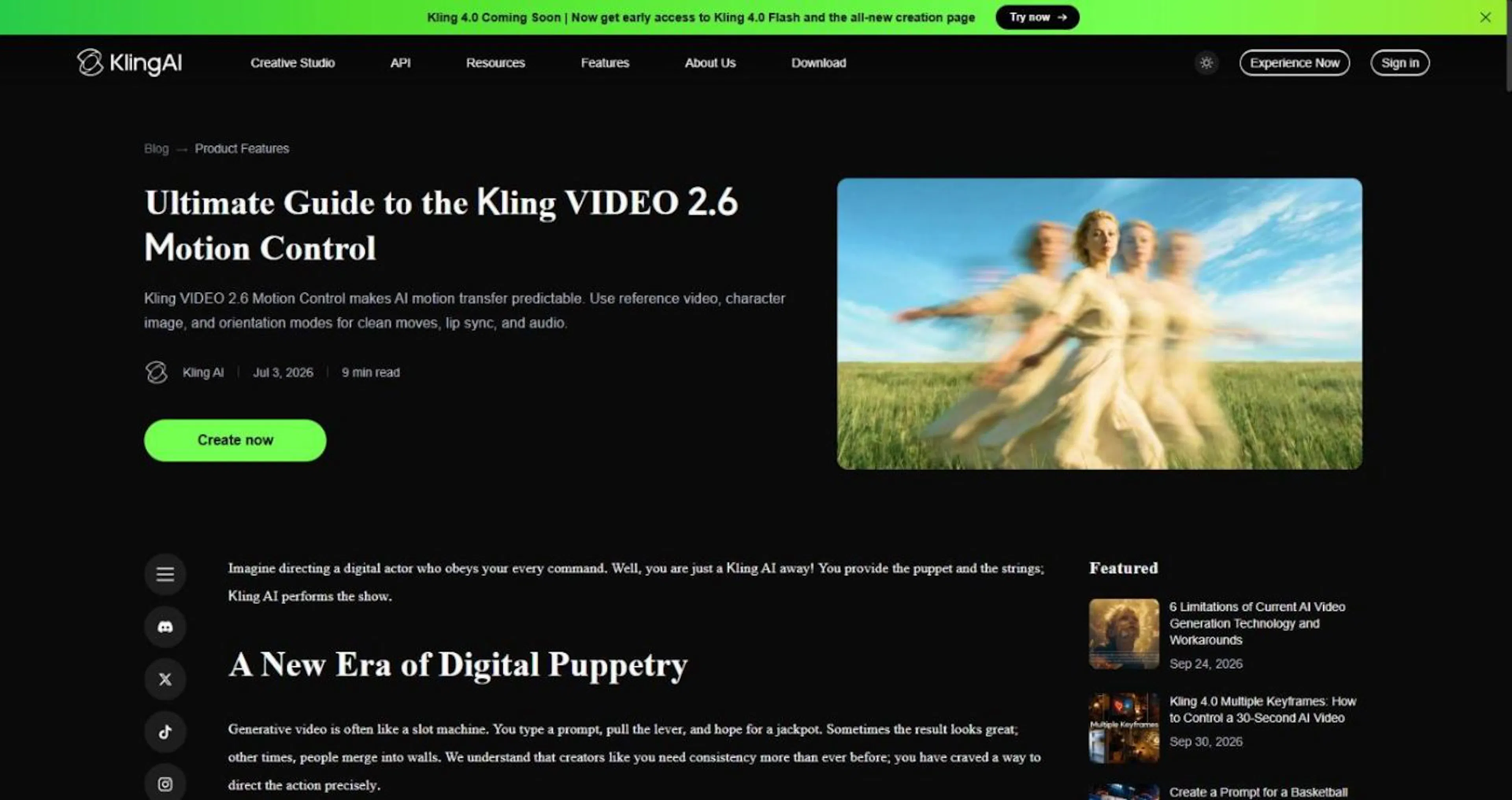 Kling AI's Motion Control feature page for Kling Video 2.6.