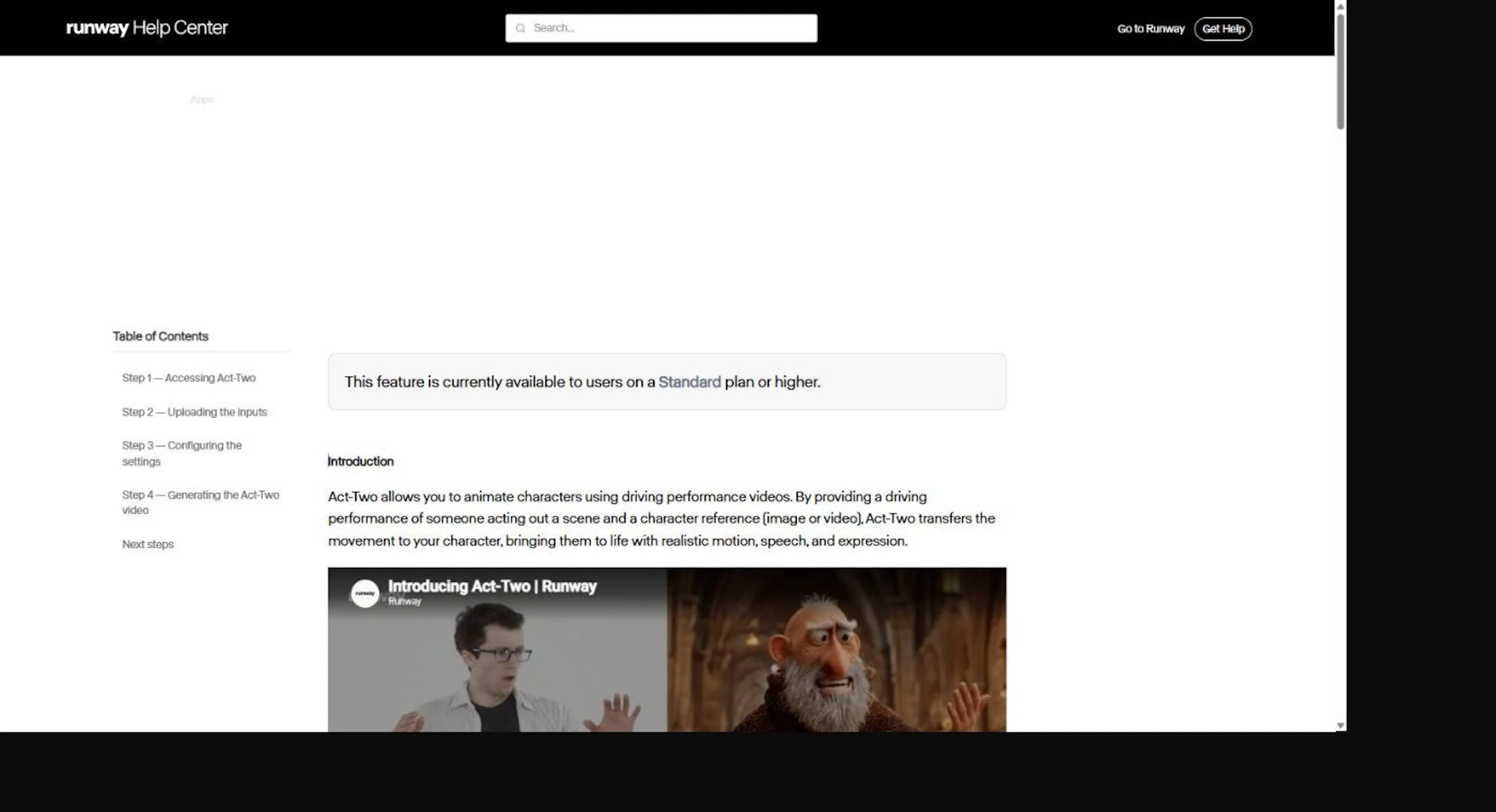 Runway's Help Center page for Act-Two performance capture. Credit: Runway.
