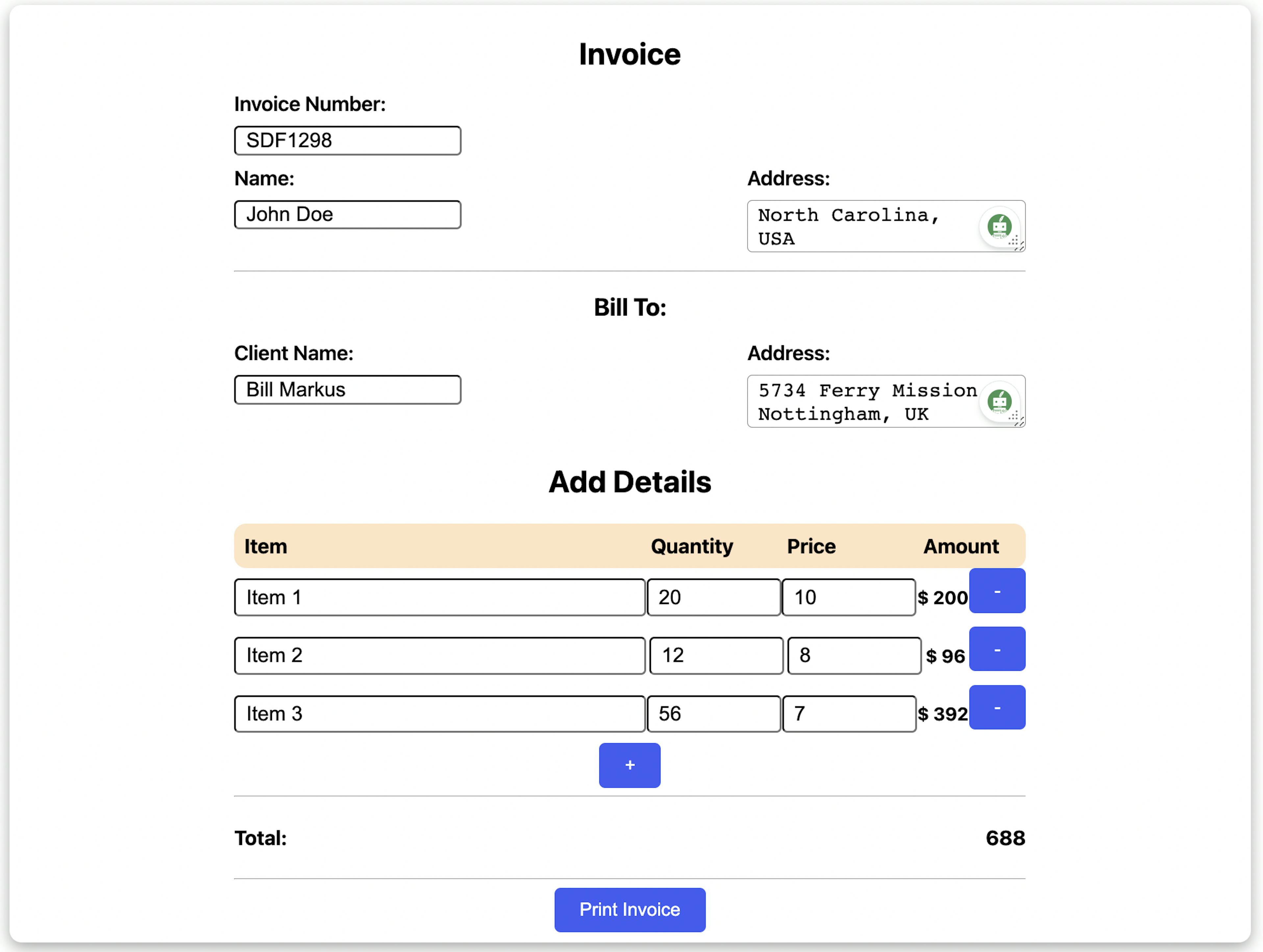 Invoice UI with multiple items