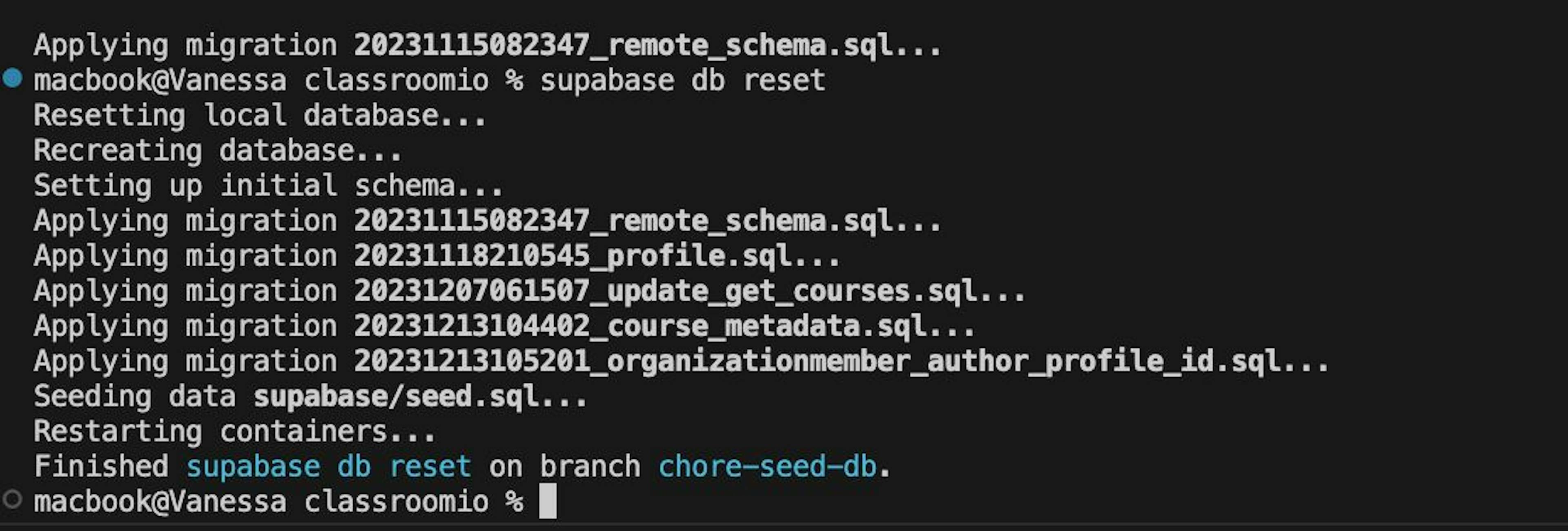 terminal shows that Supabase has successfully seeded the database with the contents of the SQL file