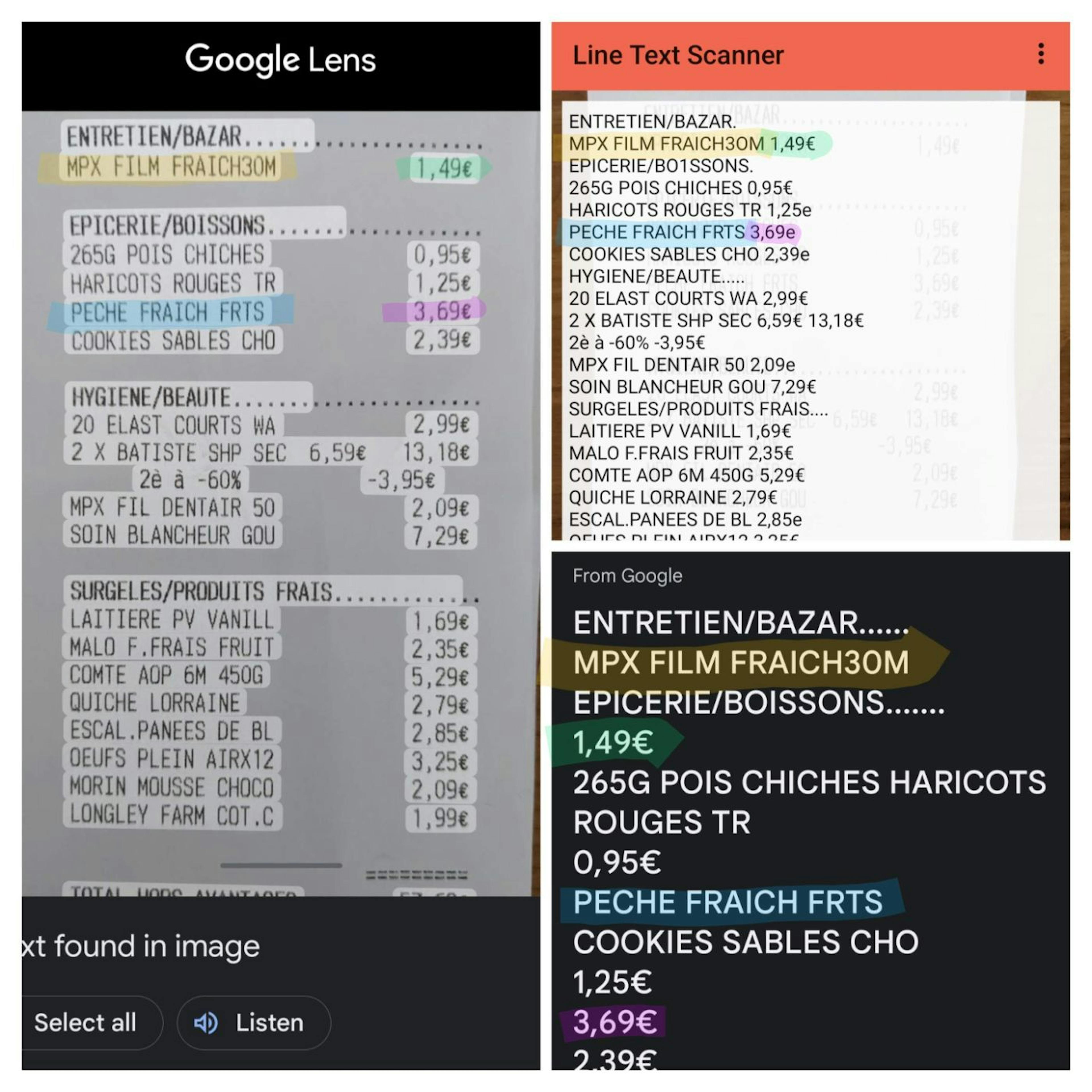 Line Text Scanner vs Google Lens reading tabular data