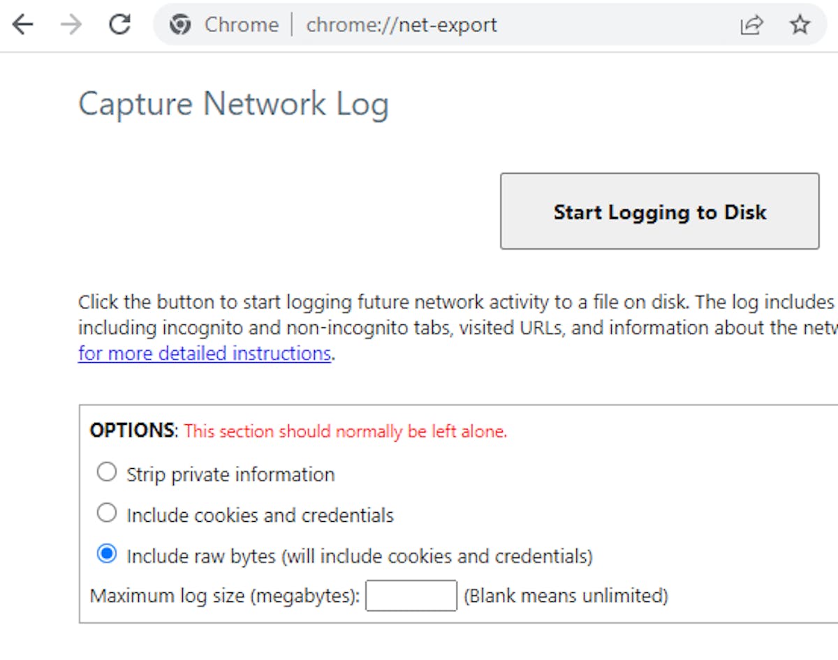 Chrome capturing network logs settings