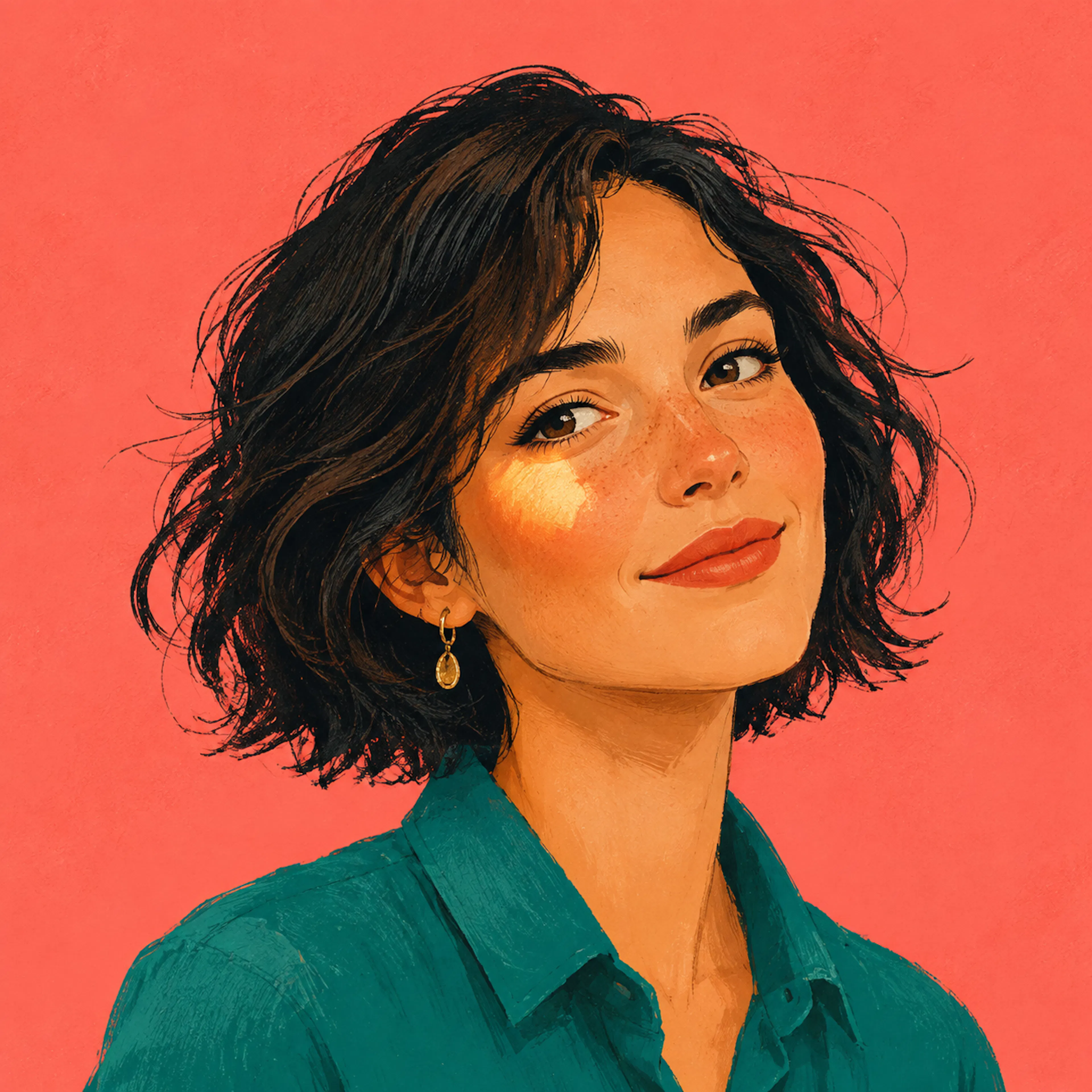 AI-generated gouache-style portrait with short dark hair, a teal shirt, and a coral background.
