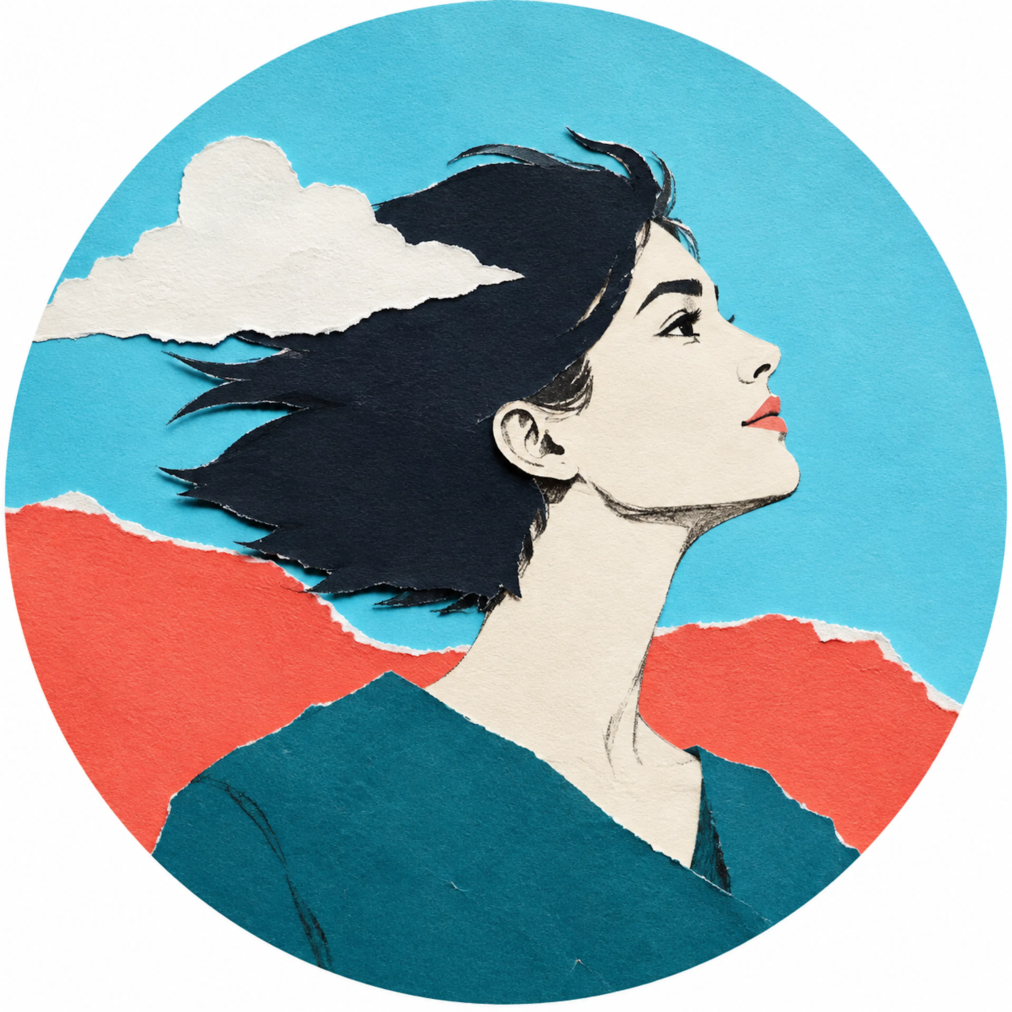 AI-generated paper-collage avatar showing a woman looking upward against cyan sky and coral paper.