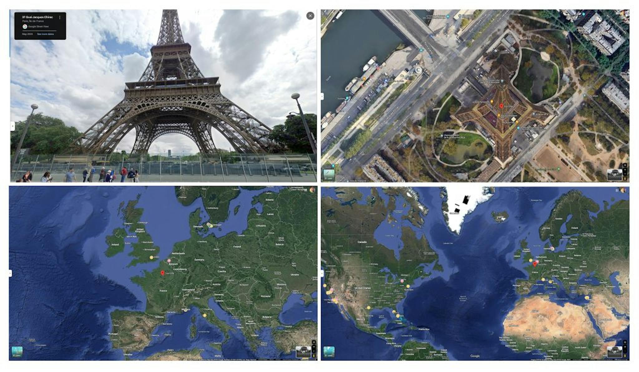 Google Maps - The Eiffel Tower at various scales.