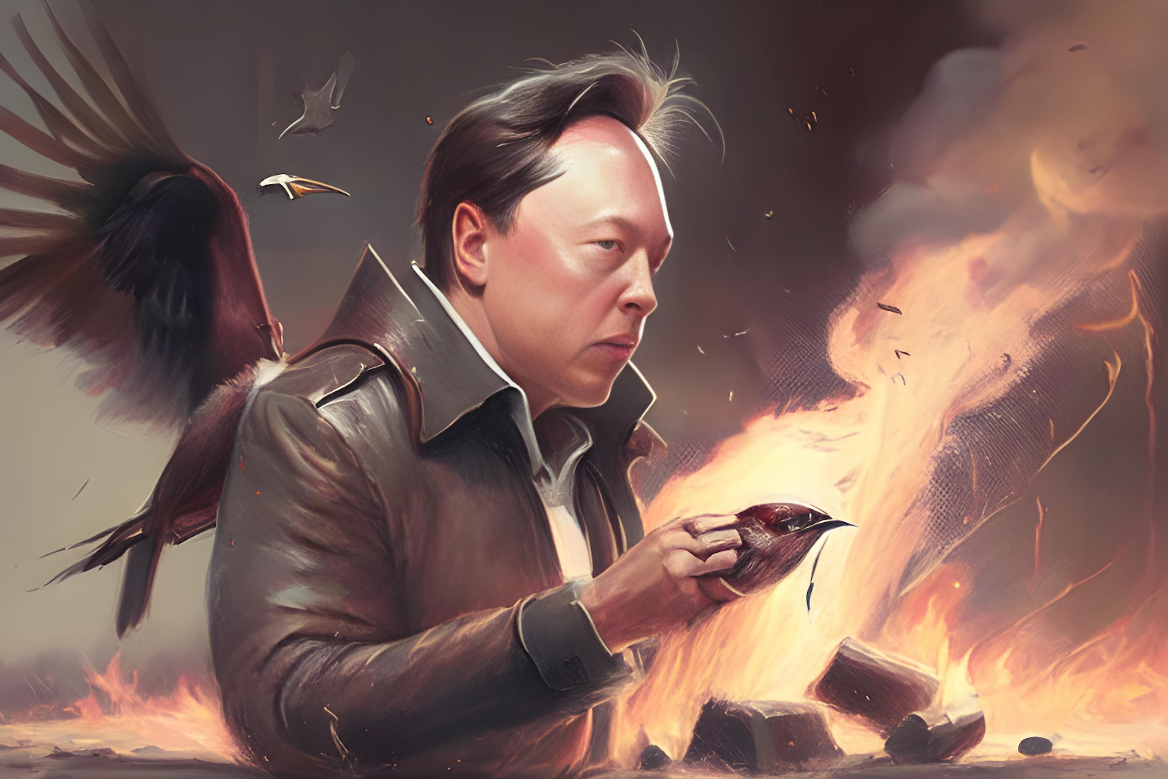 Imagem AI do HackerNoon, Prompt "Musk colocando fogo em um pássaro"