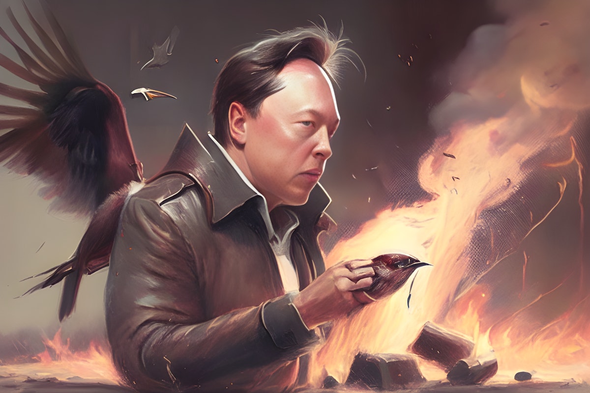 HackerNoon's AI Image, Prompt "Musk setting a bird on fire"