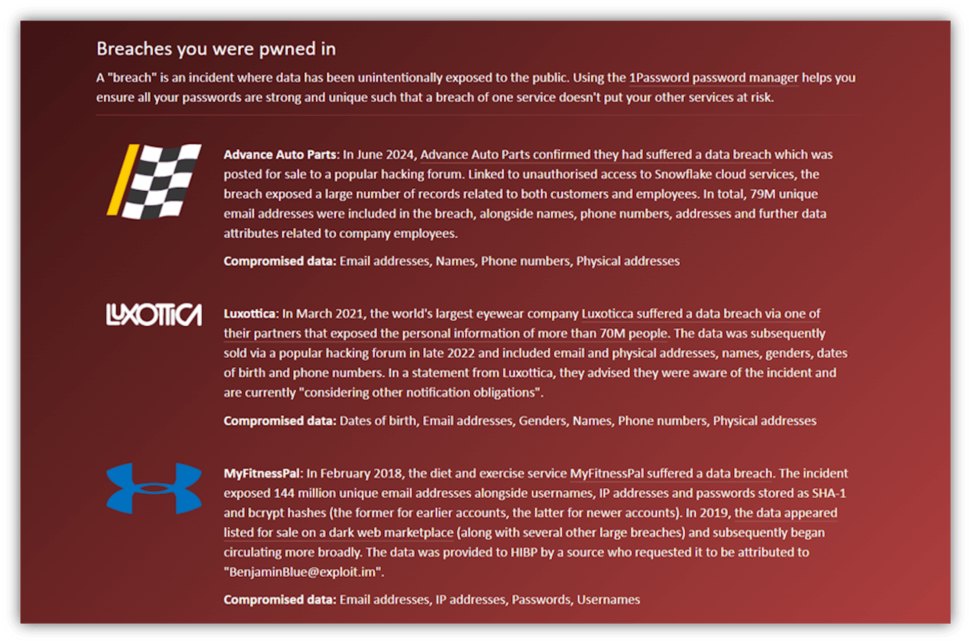 Umfanekiso we-caption: Umzekelo wesiphumo sam sedilesi ye-imeyile ye-hadaibeenpwned.com xa ujonga ukuba, phi, kwaye xa yophulwe.