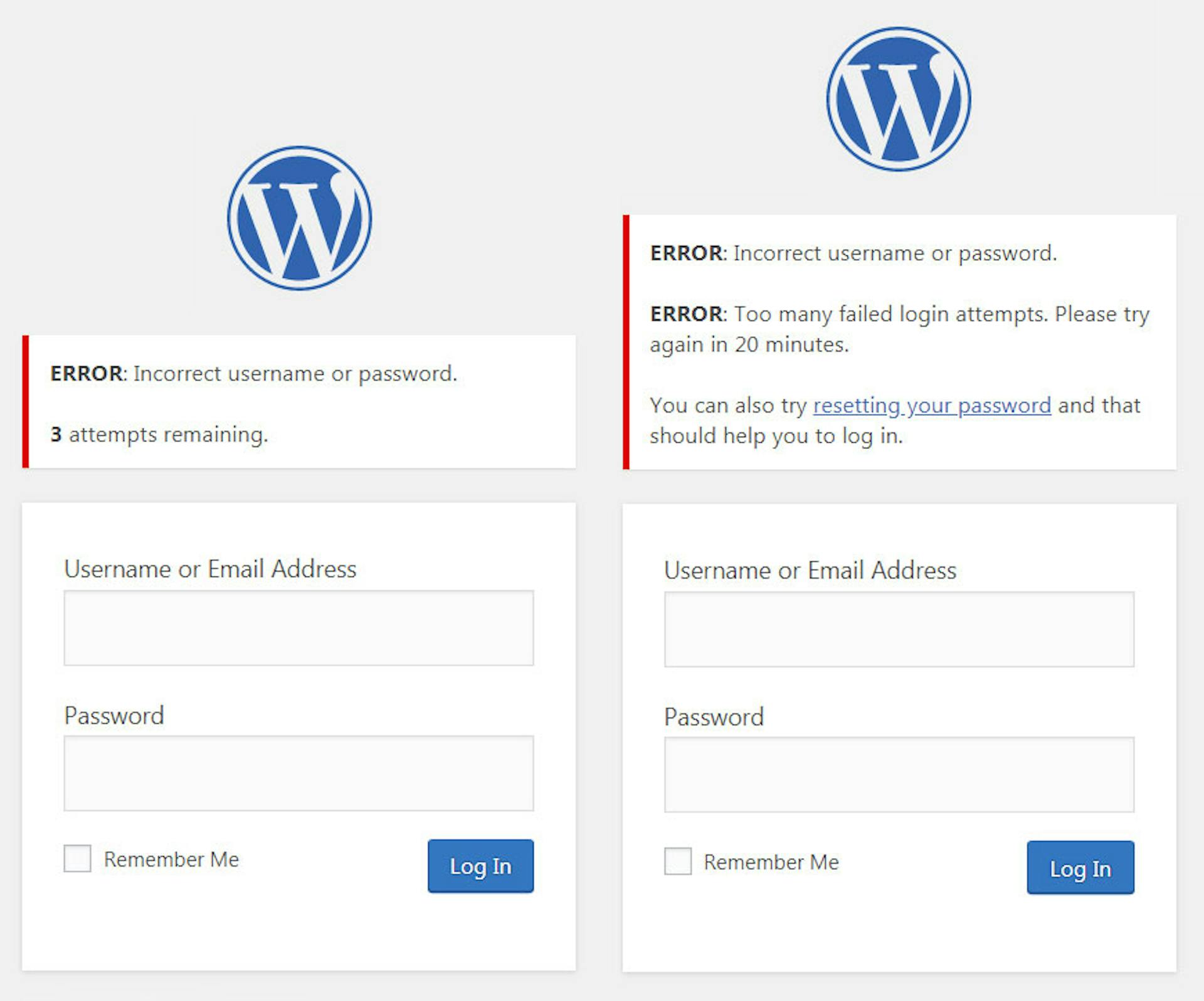 Here's how it looks when a user attempts to log in too many times and triggers the login security mechanism on WordPress.org. Image sources: WordPress.org. (I created a compilation image using two of their screenshots.) 