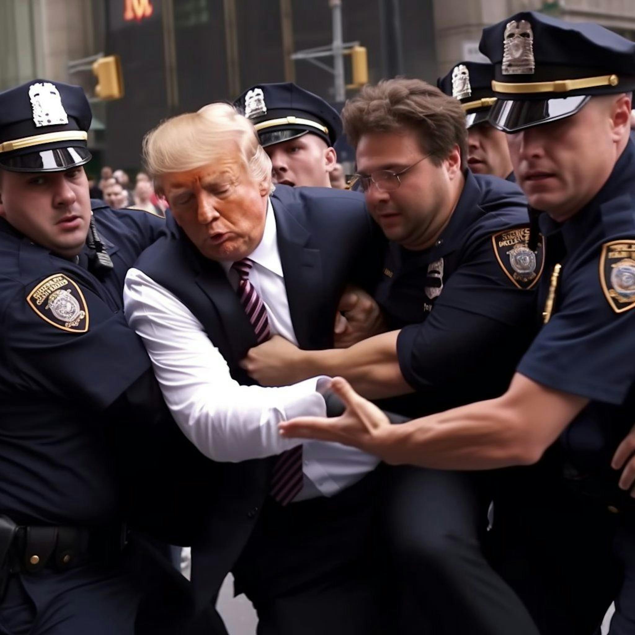 A picture generated by midjourney, showing Donald Trump arrested by the police, Unknown Copyright