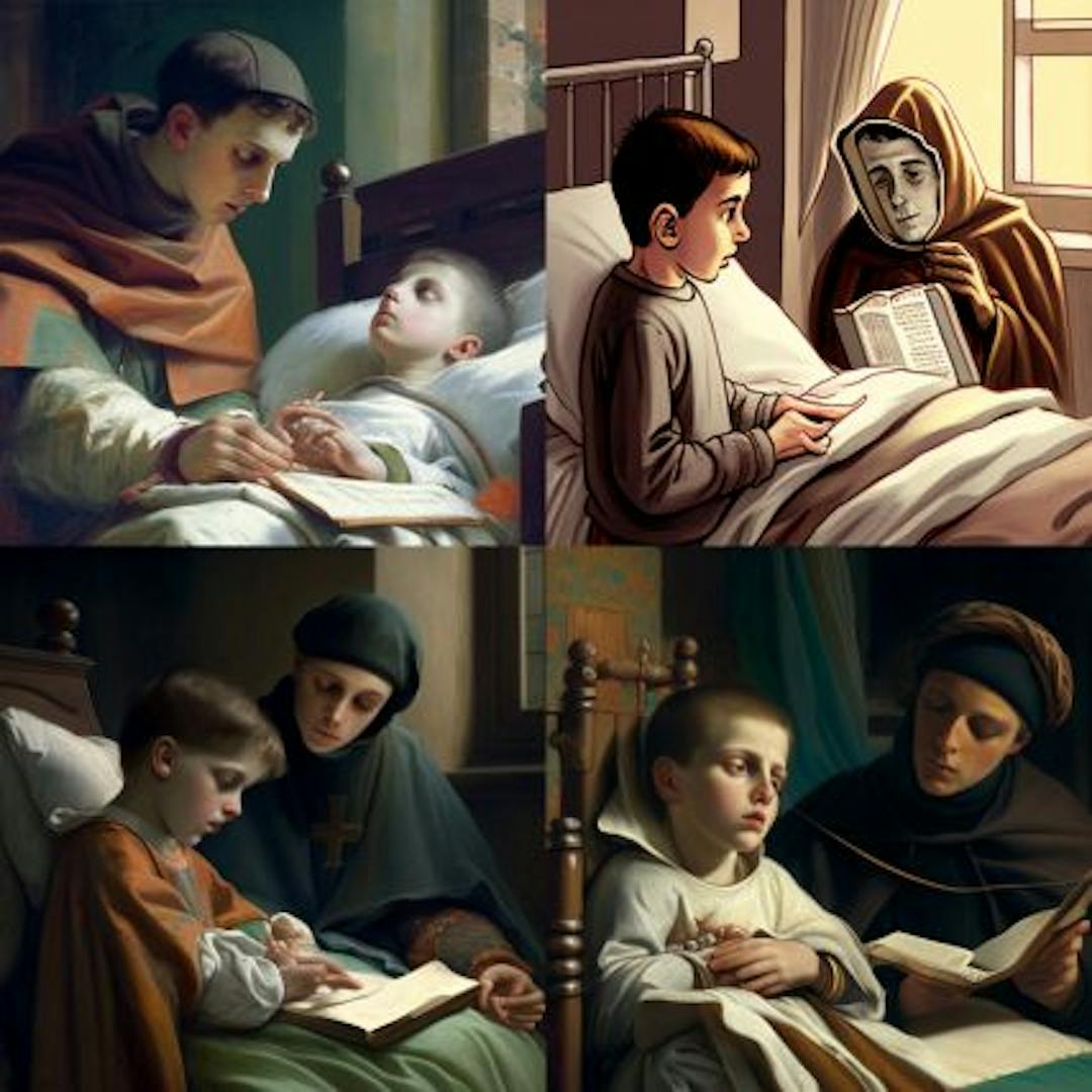 Midjourney generating a text into a picture showing Sant Anthony of Padua praying for a sick child