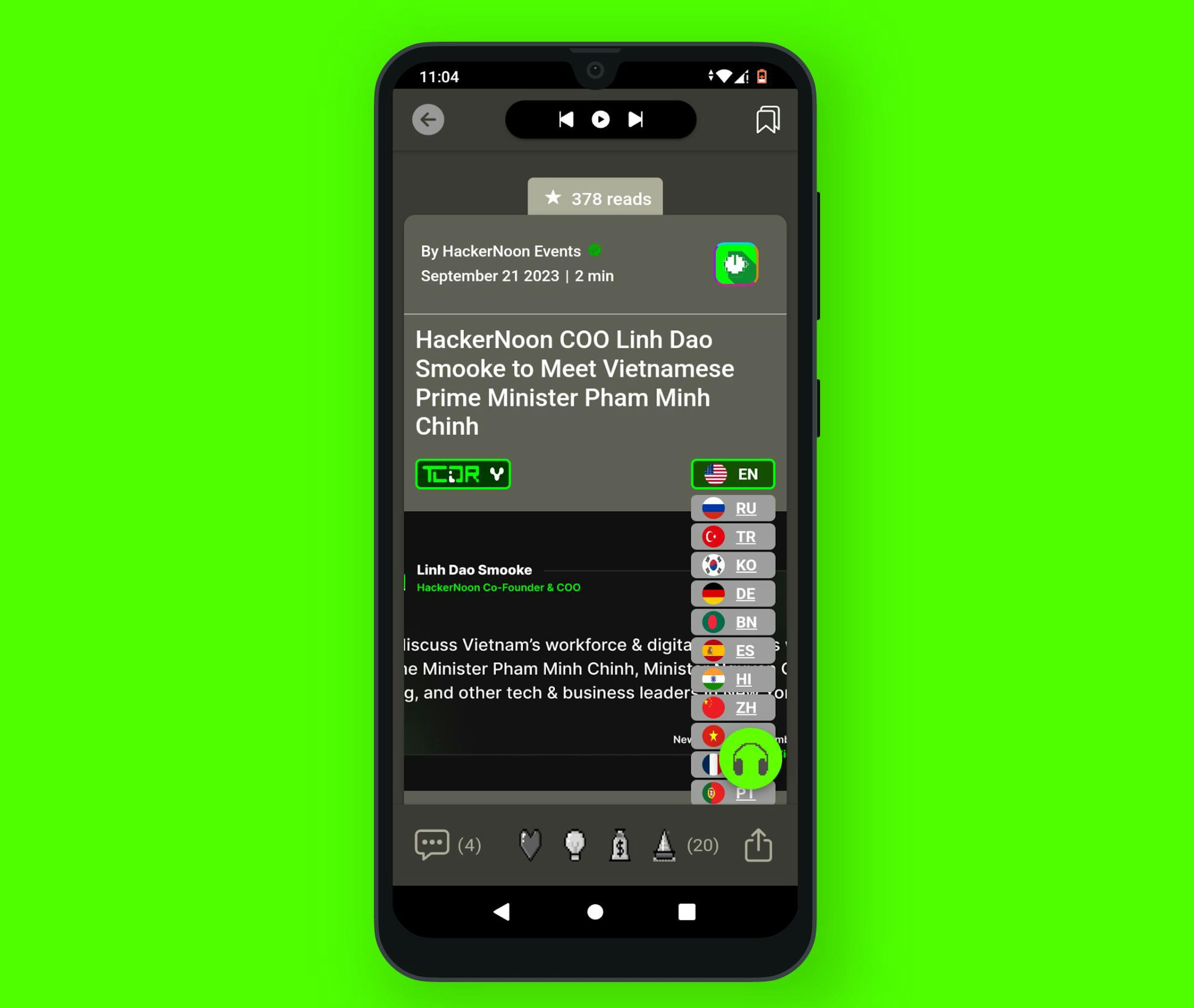 Translation feature in action on HackerNoon Mobile App
