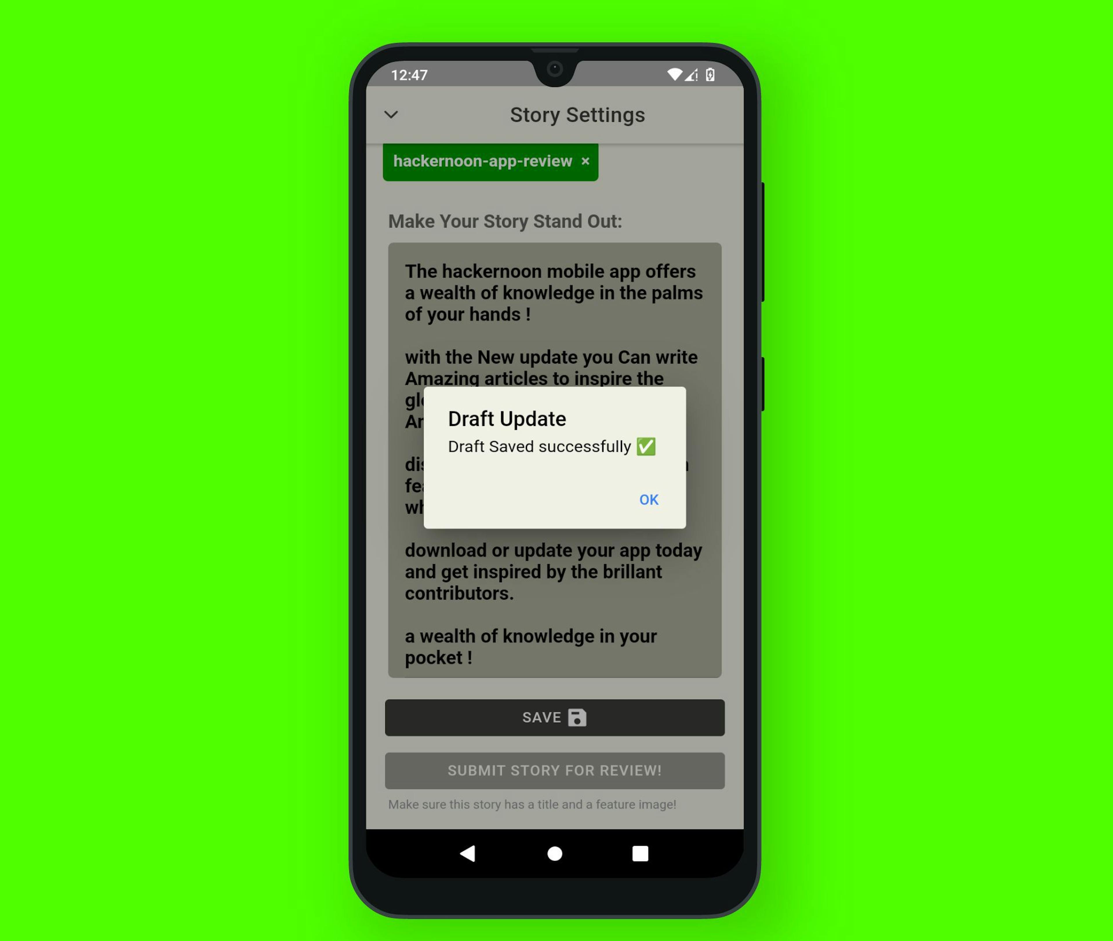 Successfully saved draft on the HackerNoon mobile App