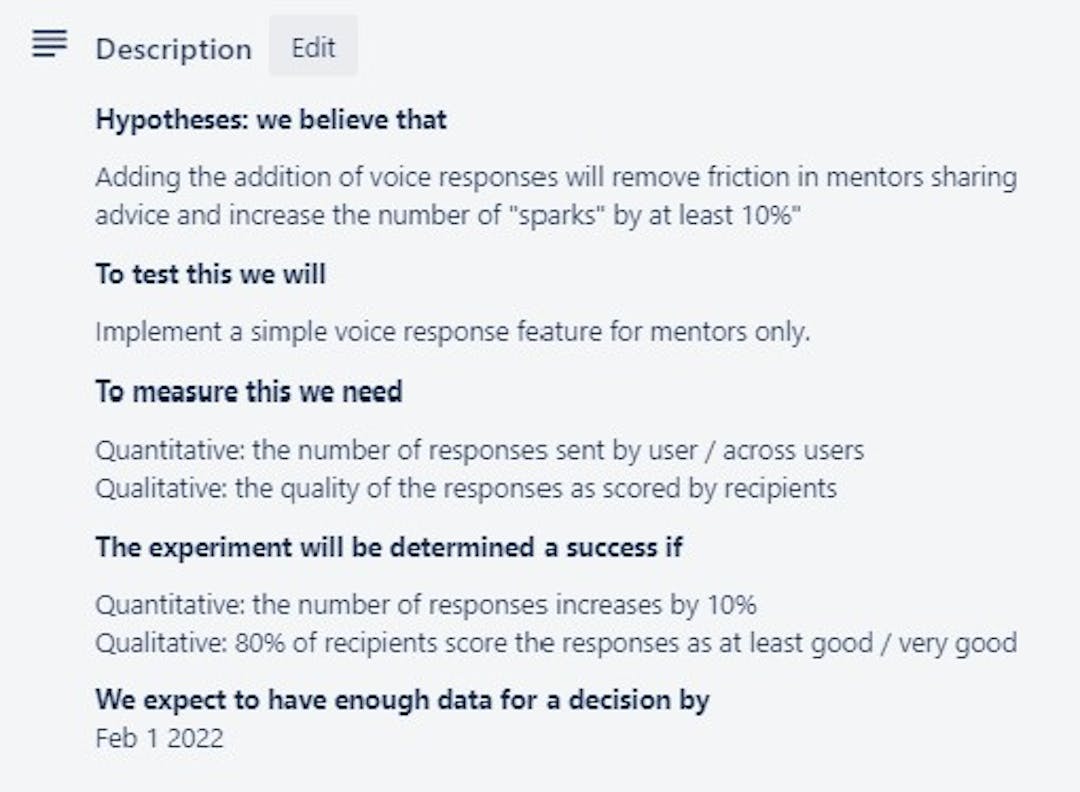 Experiment tracker Trello card example (source: Rize)