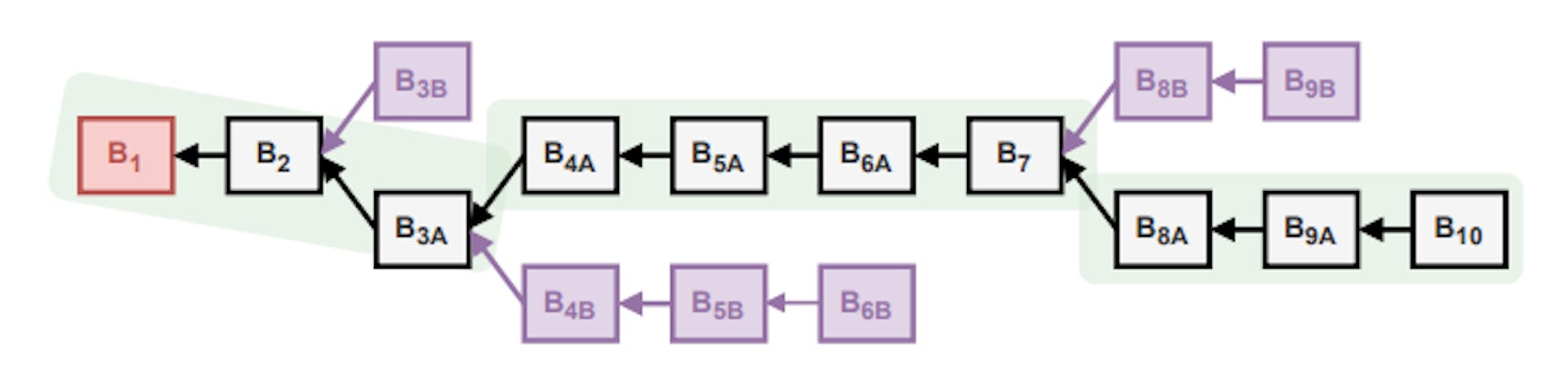 Fig. 2: The longest-chain fork-choice rule with orphaned blocks depicted in purple.