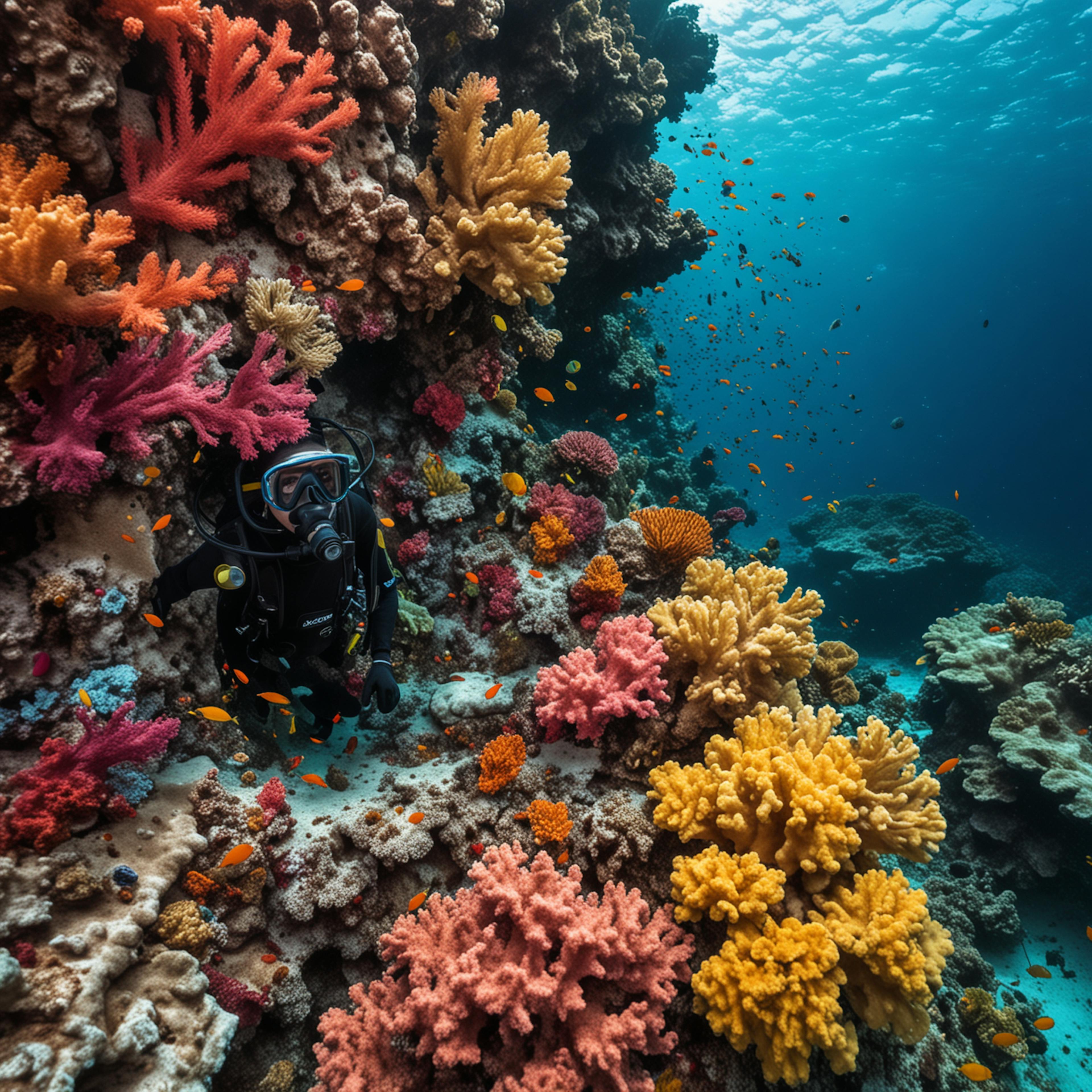 "A Scuba Diver Looking Down at a vibrantly colored coral reef"