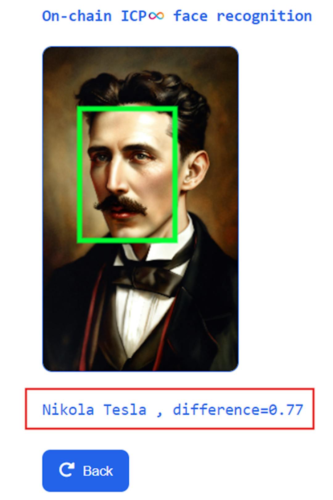 Figura 7. La cara de Nikola Tesla generada por IA ha sido detectada por dApp con solo 0,77 de diferencia