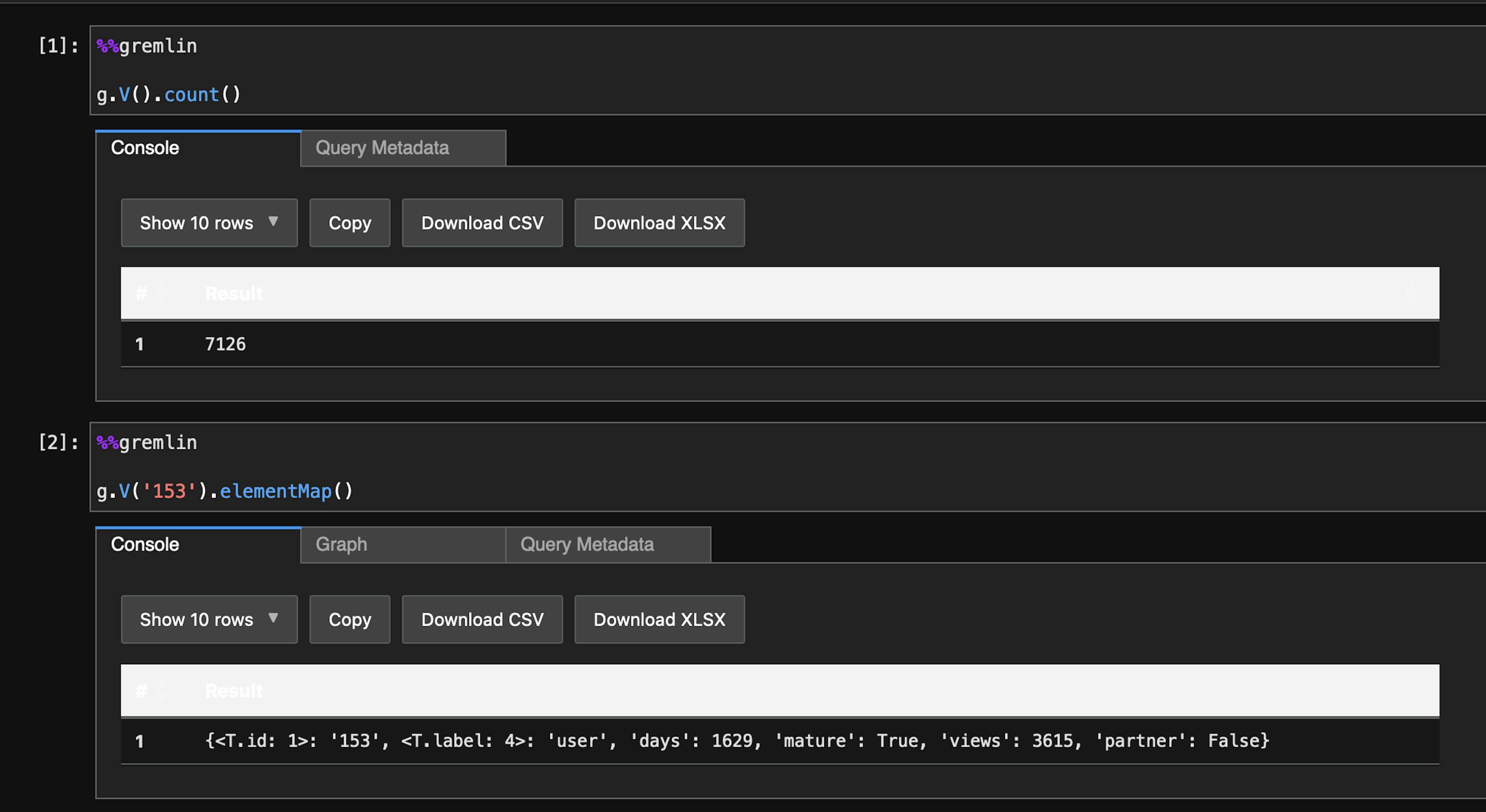 Getting the number of vertices in the graph and getting a single vertex element map by ID in a Sagemaker / Neptune Notebook.