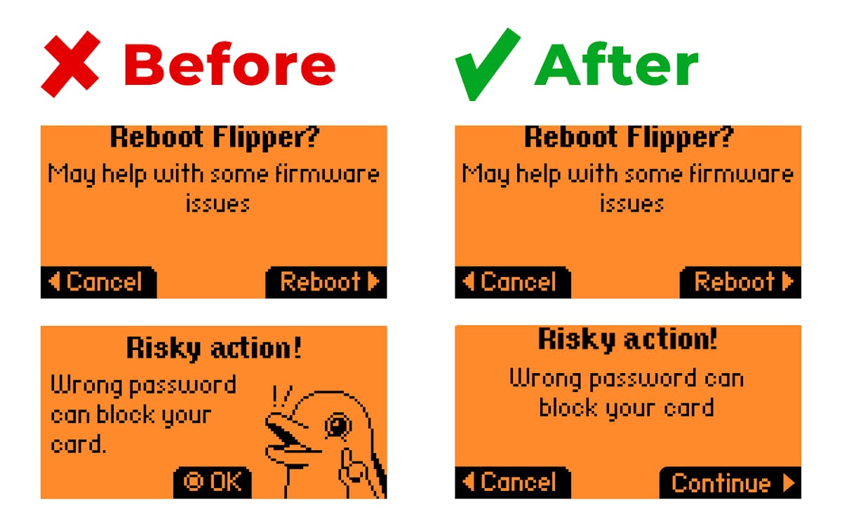 Example of a consistent template for confirmation windows