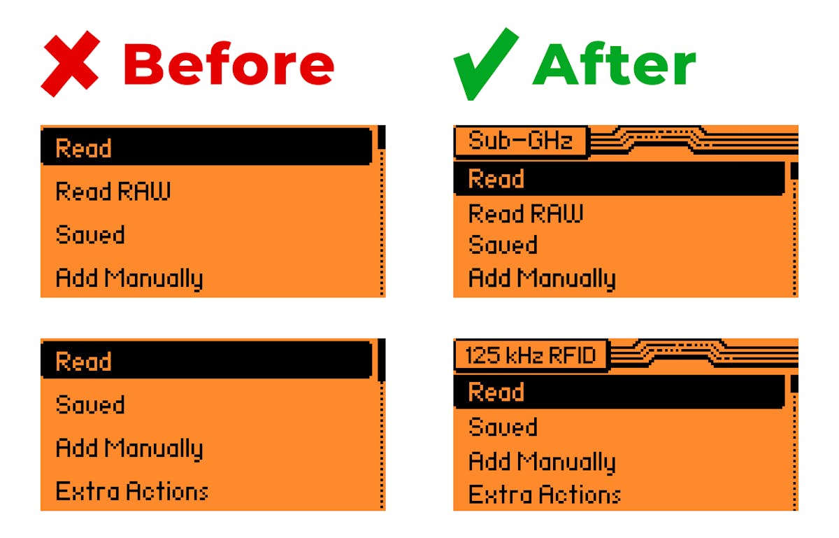 Example of headers in the Sub-GHz and 125 kHz RFID object menus