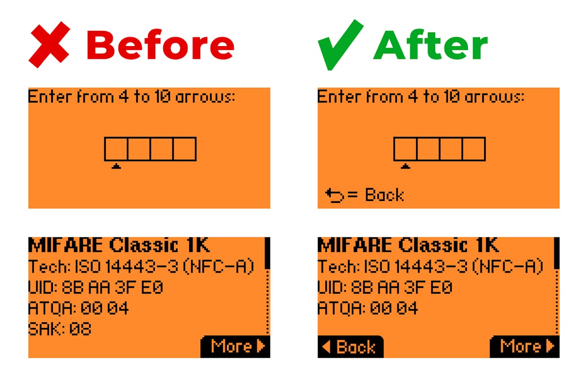 Examples of PIN setup and Mifare Classic 1K info screens with a visible “Back” button