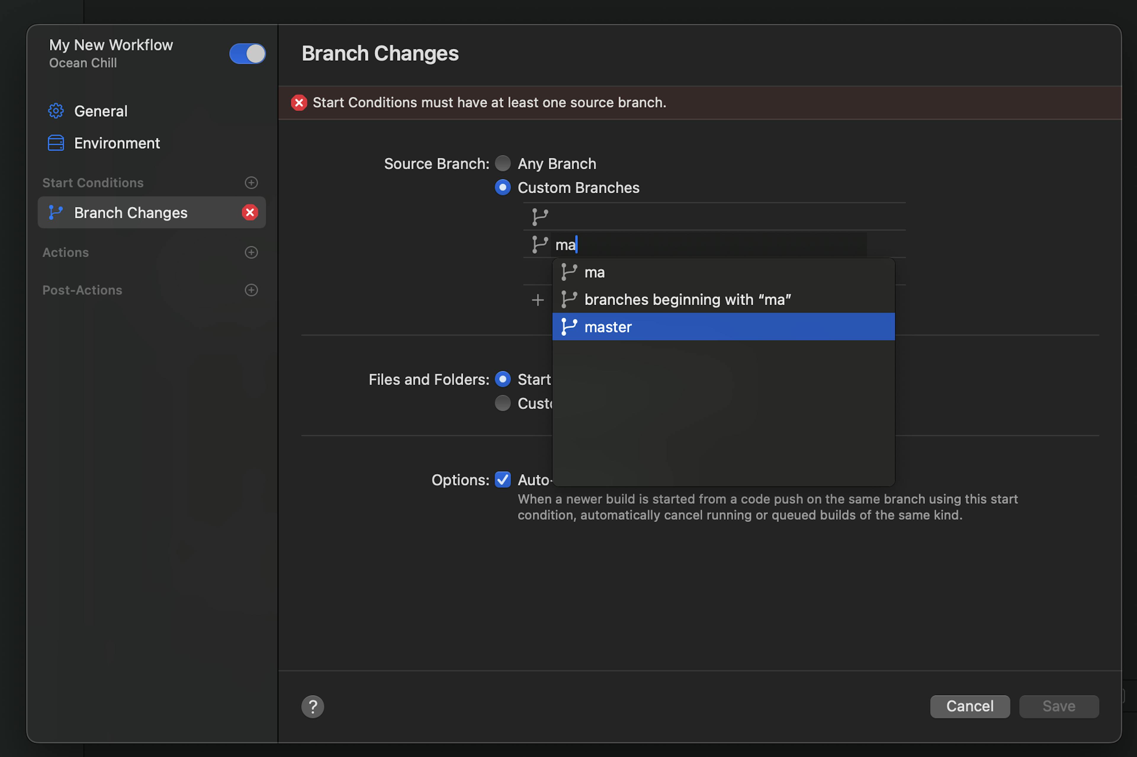 Workflow Custom Branch