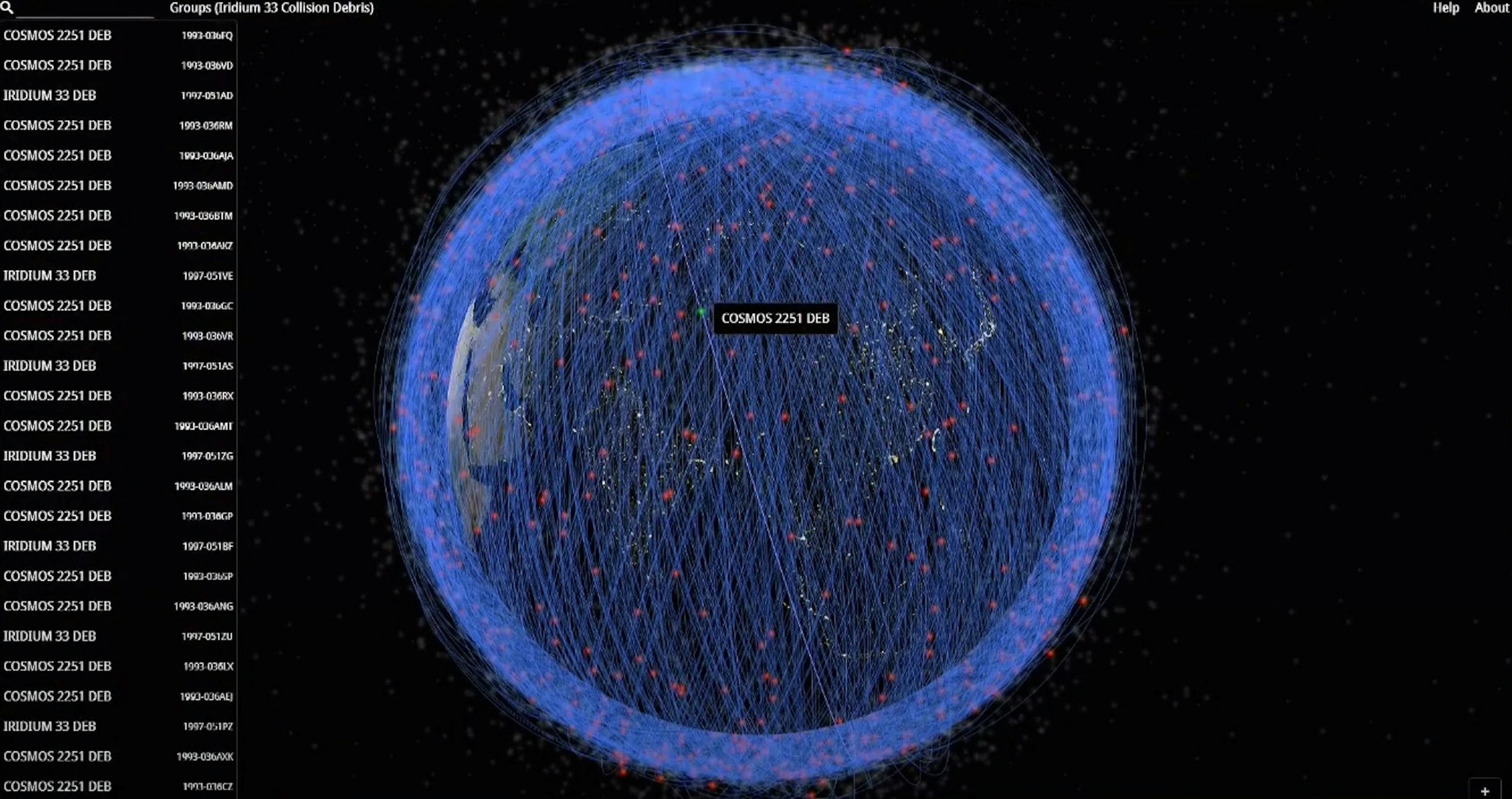The blue lines show the trajectories of the debris particles, which, like threads in a ball of yarn, encircle the entire planet.