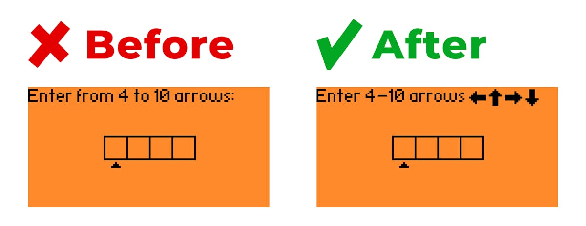 Example with arrow icons give clear understanding for PIN code entry