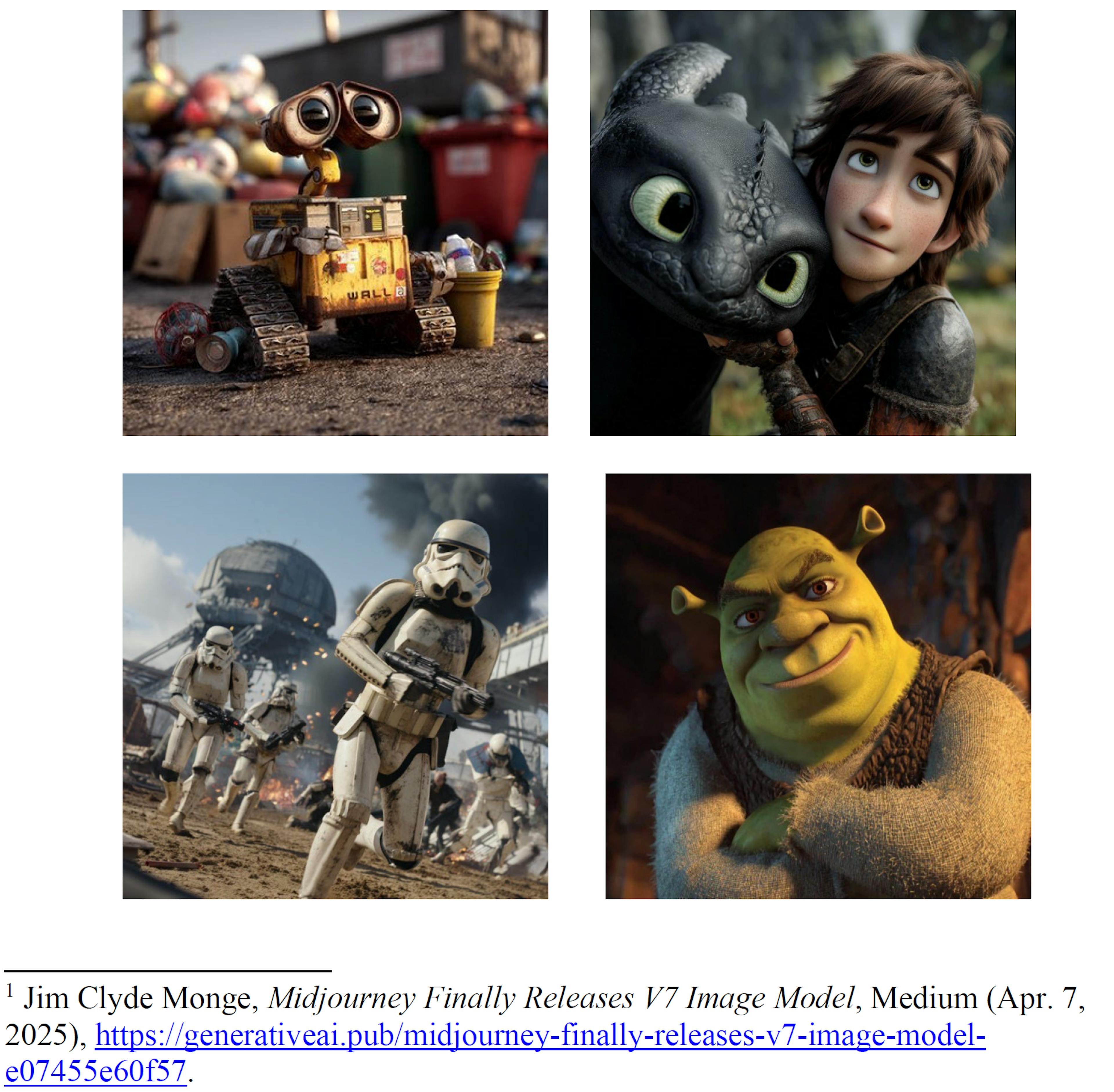 Examples of Midjourney's infringing content from the Disney-NBCU-v-Midjourney lawsuit