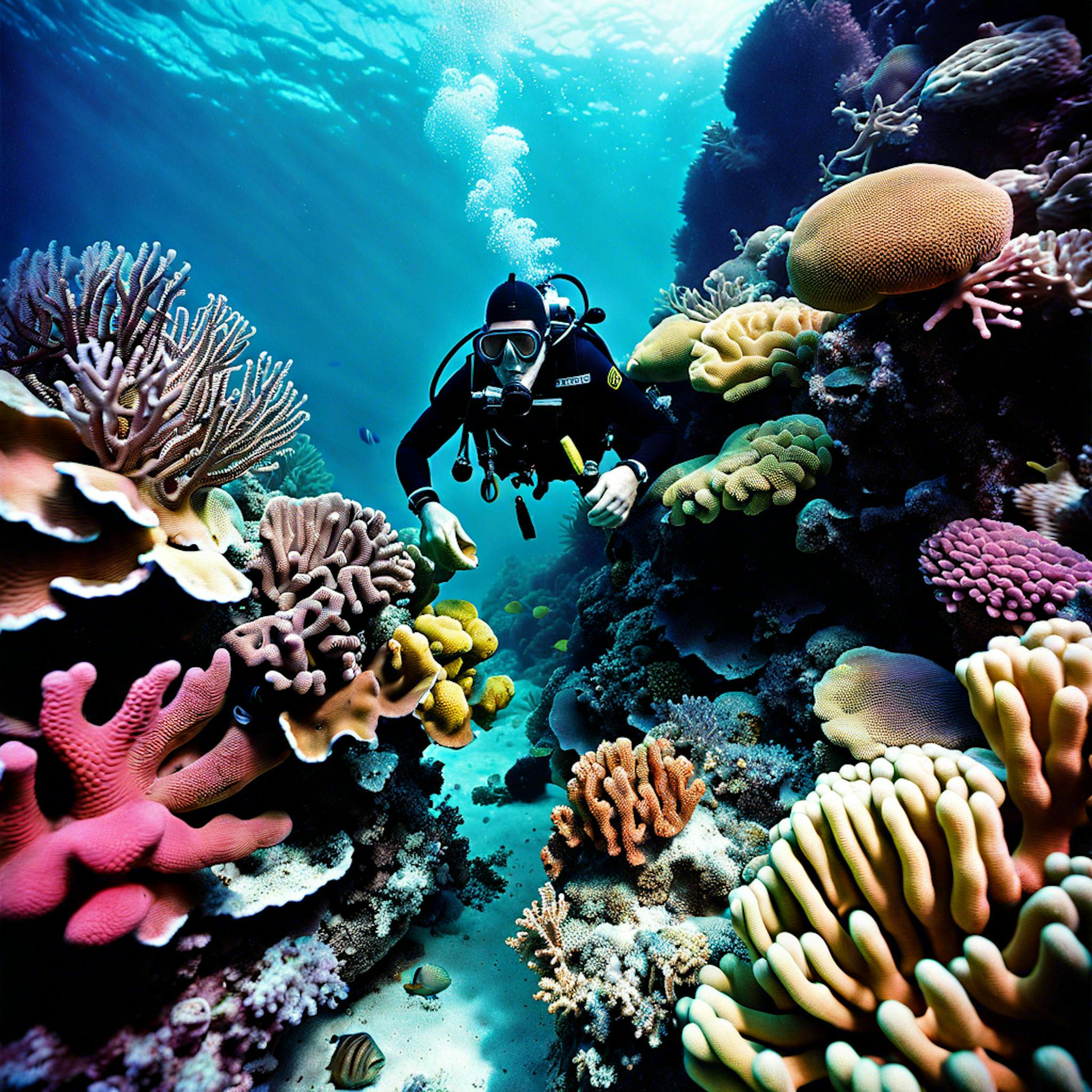 "A Scuba Diver Looking Down at a vibrantly colored coral reef" 