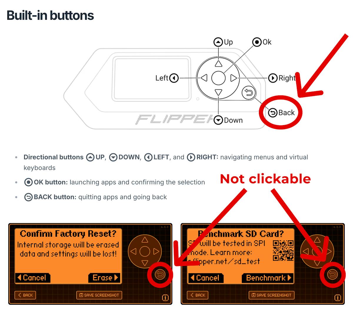 Example of inconsistency with documentation regarding the round Back button — it doesn’t work in confirmation windows in Settings ? Storage