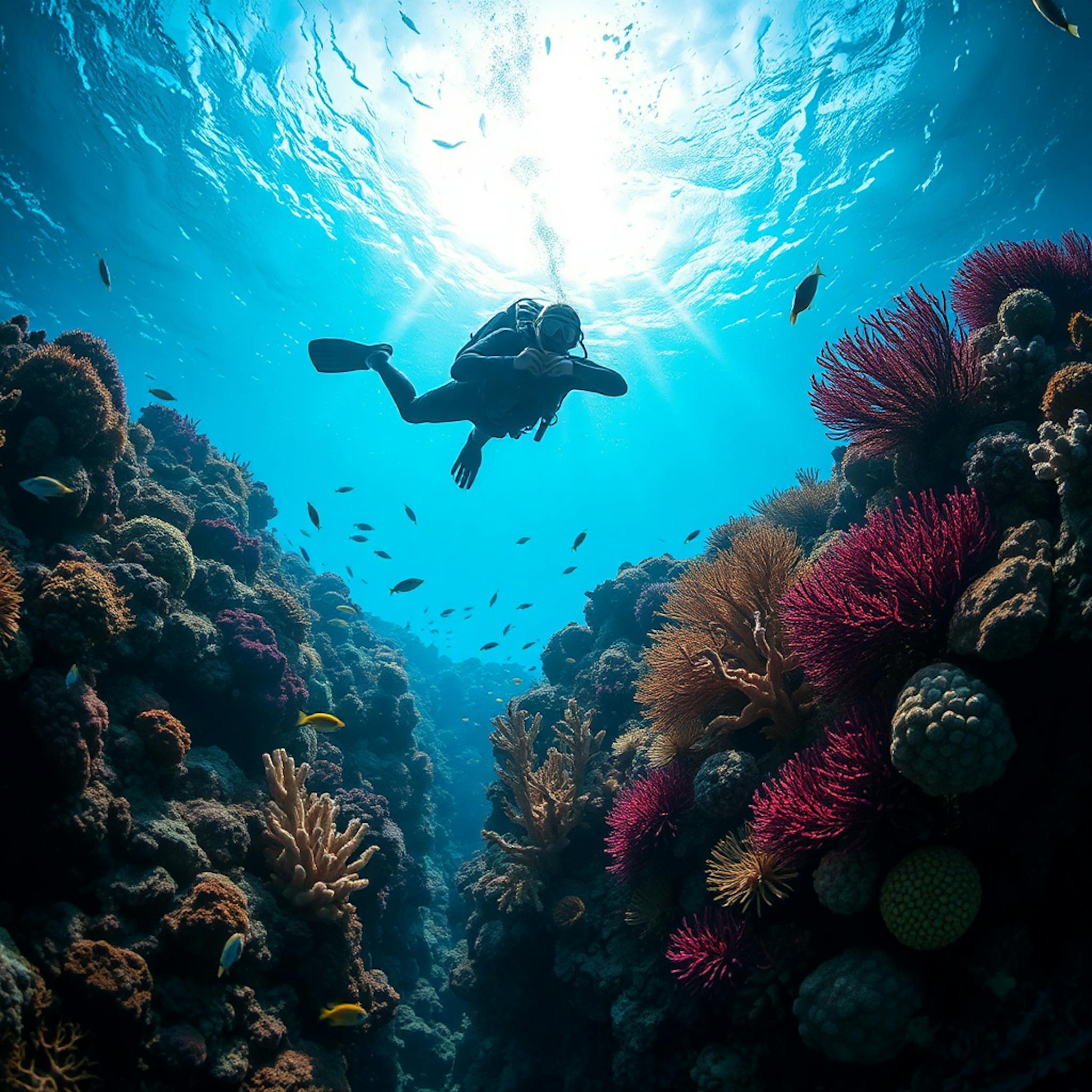 "A Scuba Diver Looking Down at a vibrantly colored coral reef" (Prompt Enhanced)