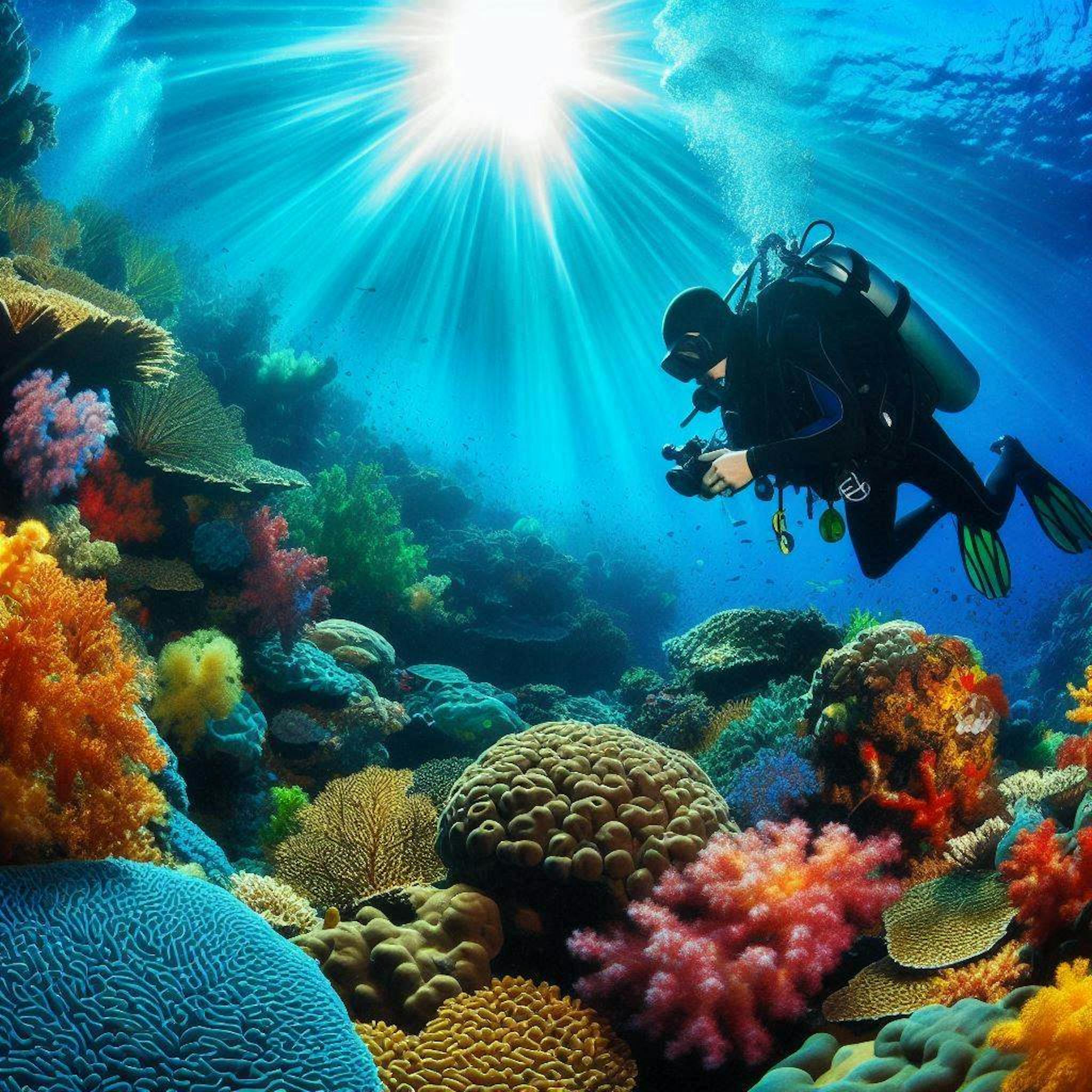 "A scuba driver looking down at a vibrantly colored coral reef"