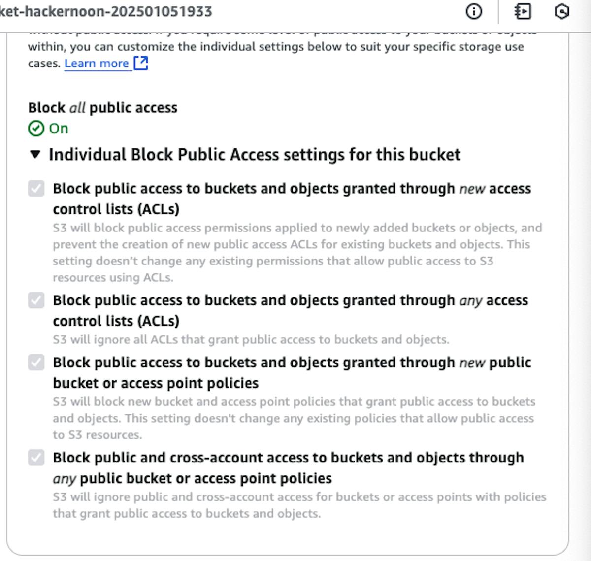 Screenshot of how the configuration looks like for Block all public access