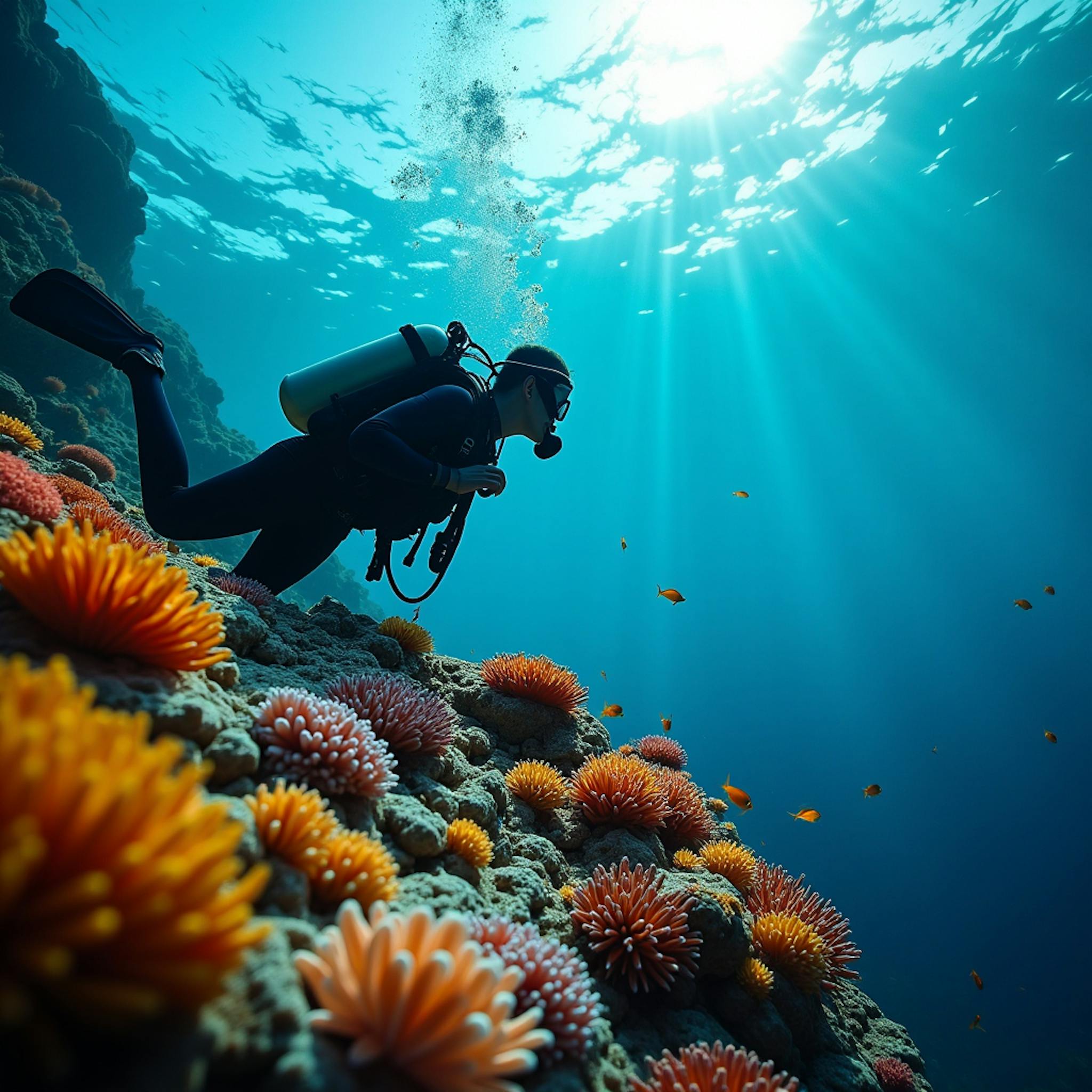 "A Scuba Diver Looking Down at a vibrantly colored coral reef" (Prompt Enhanced)