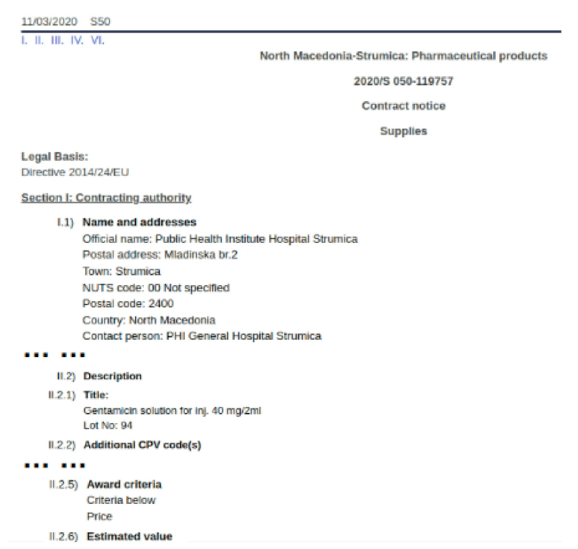 Figure 1. Excerpt of an example tender XML from TED (notice ID 2020/S 050-119757). Note section II.2.1 lists a specific lot and its items, while II.2.5 lists the contract criteria.