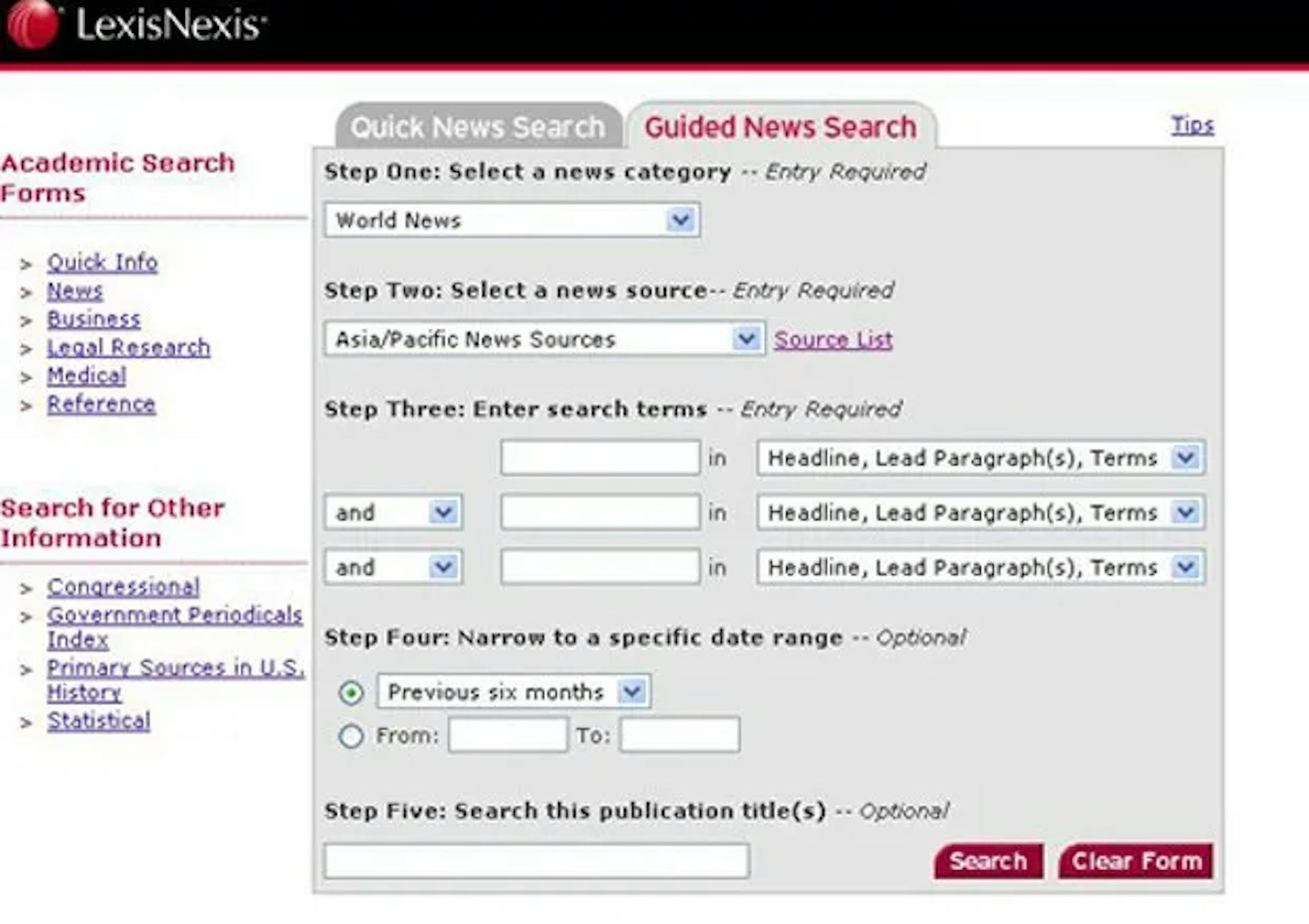 LexisNexis' infamous search form. Typical software for lawyers in the 2010s.