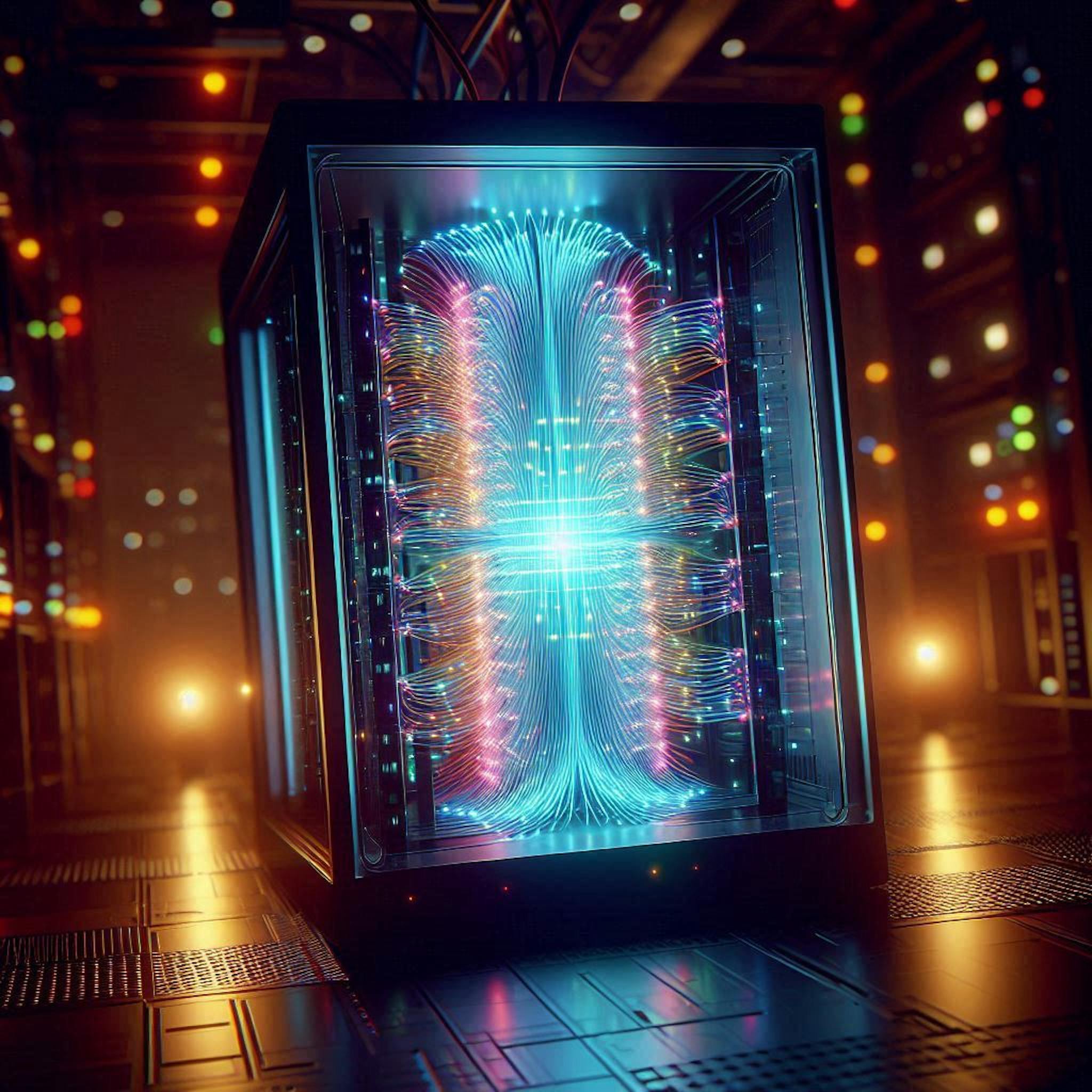 A neon fridge or a quantum computer? I am very unsure that the AI tool knows what a quantum computer looks like!