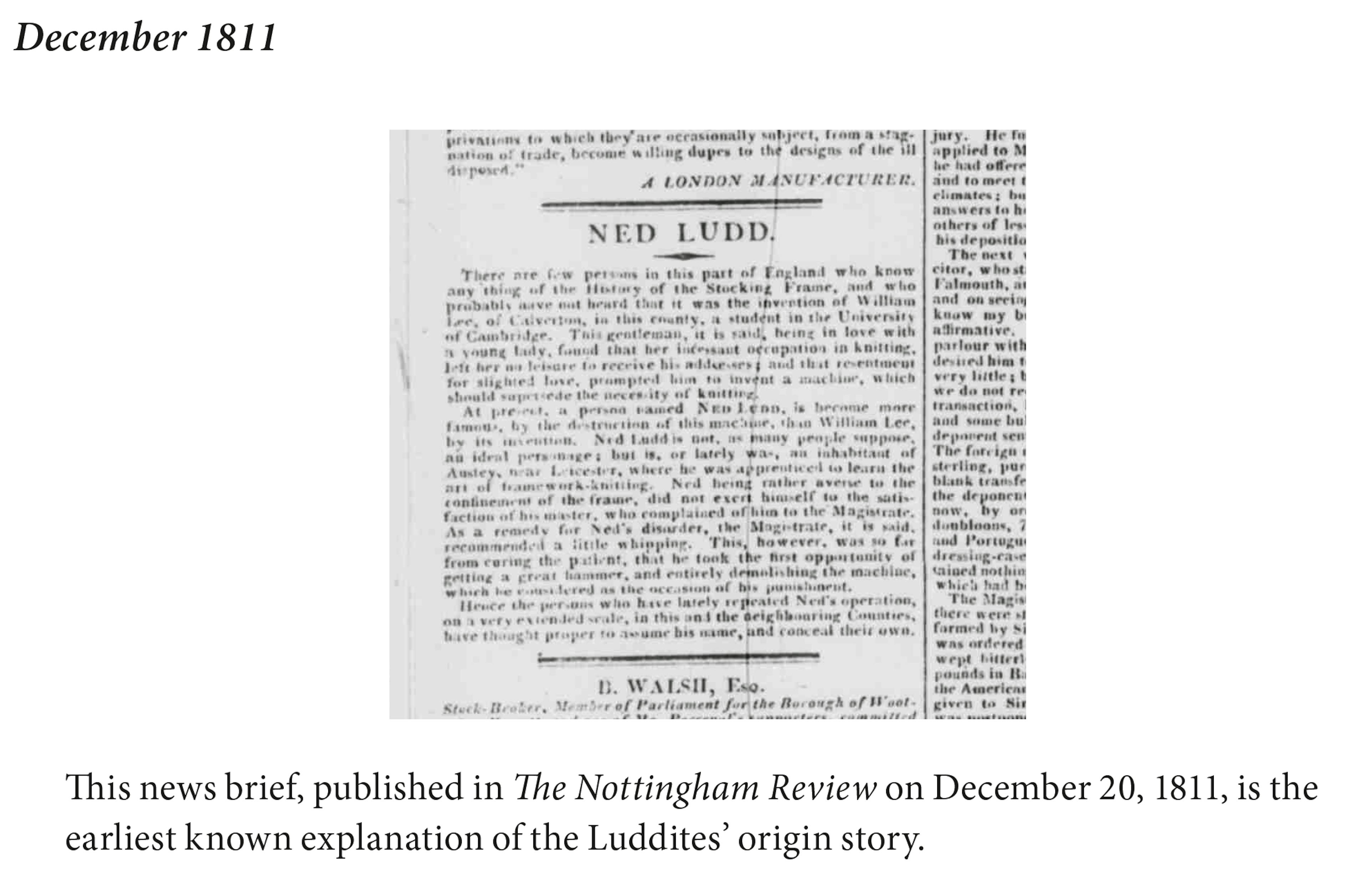 The Nottingham Review, December 20, 1811, reporting on Ned Ludd. Image source: Brian Merchant, Blood in the Machine: The Origins of the Rebellion Against Big Tech