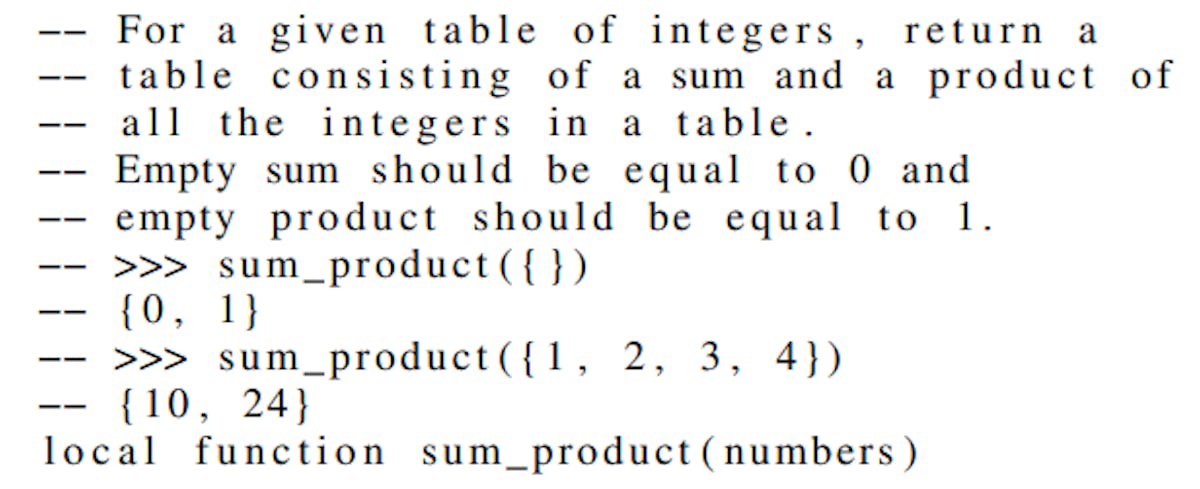 Listing 1: The prompt from the HumanEval task: HumanEval_8_sum_product