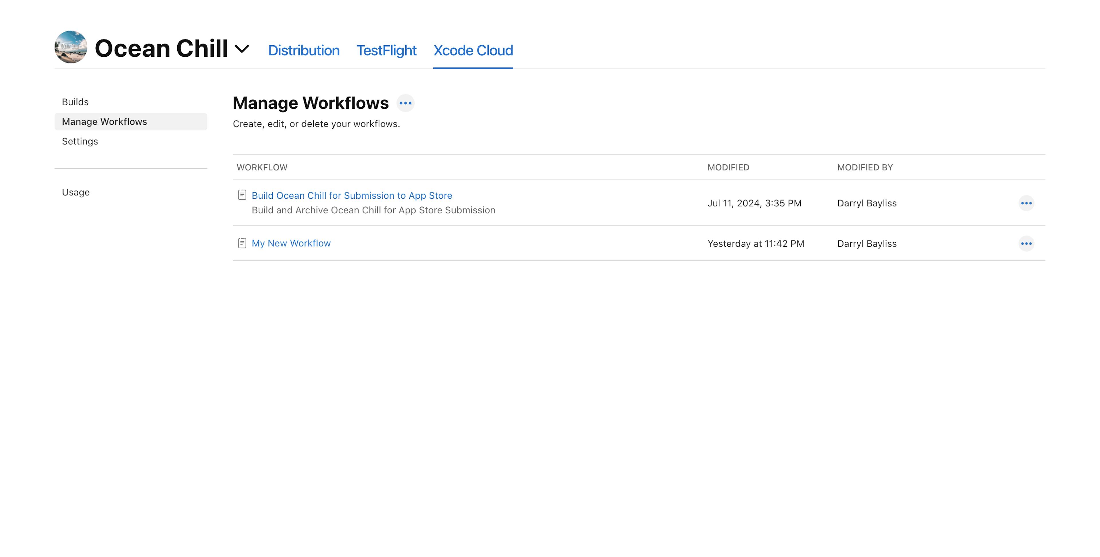 Workflows Screen On App Store Connect