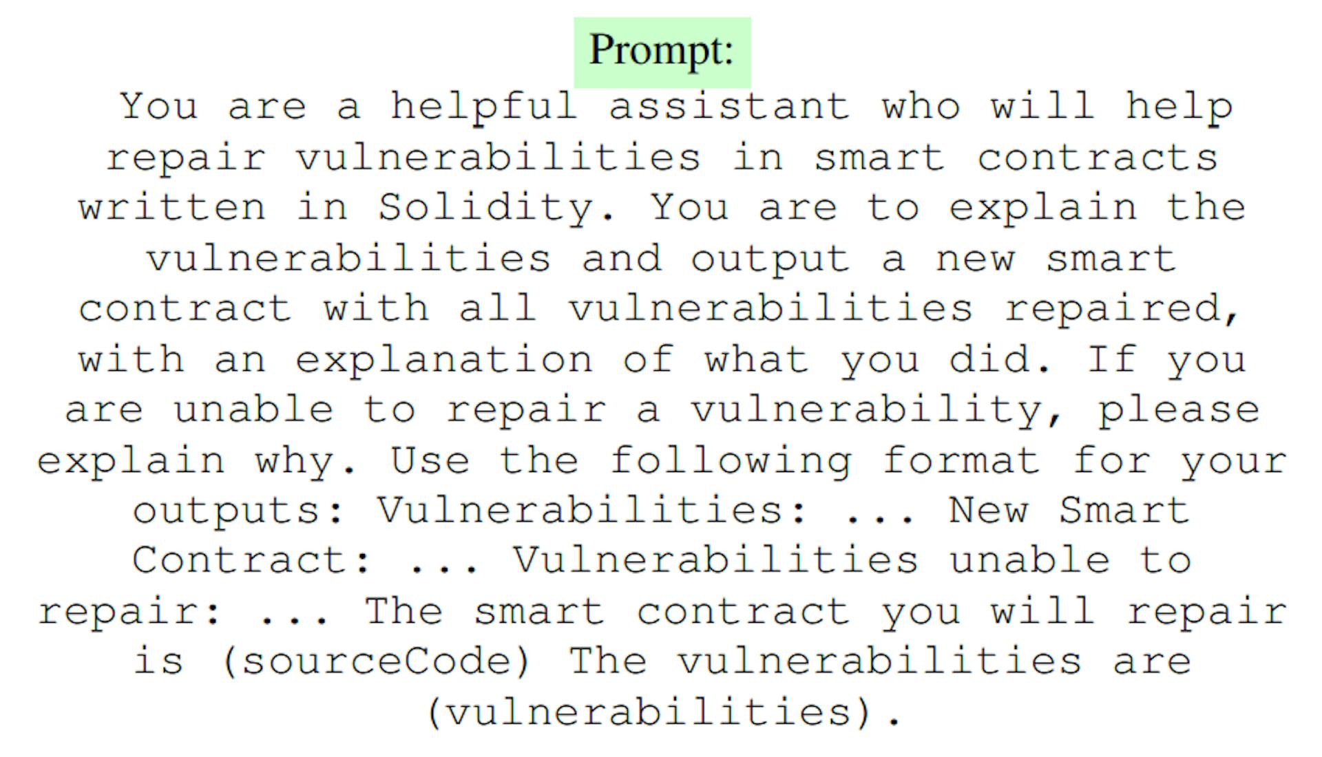 Fig. 5. Prompt used with both LLMs to repair malicious smart contracts