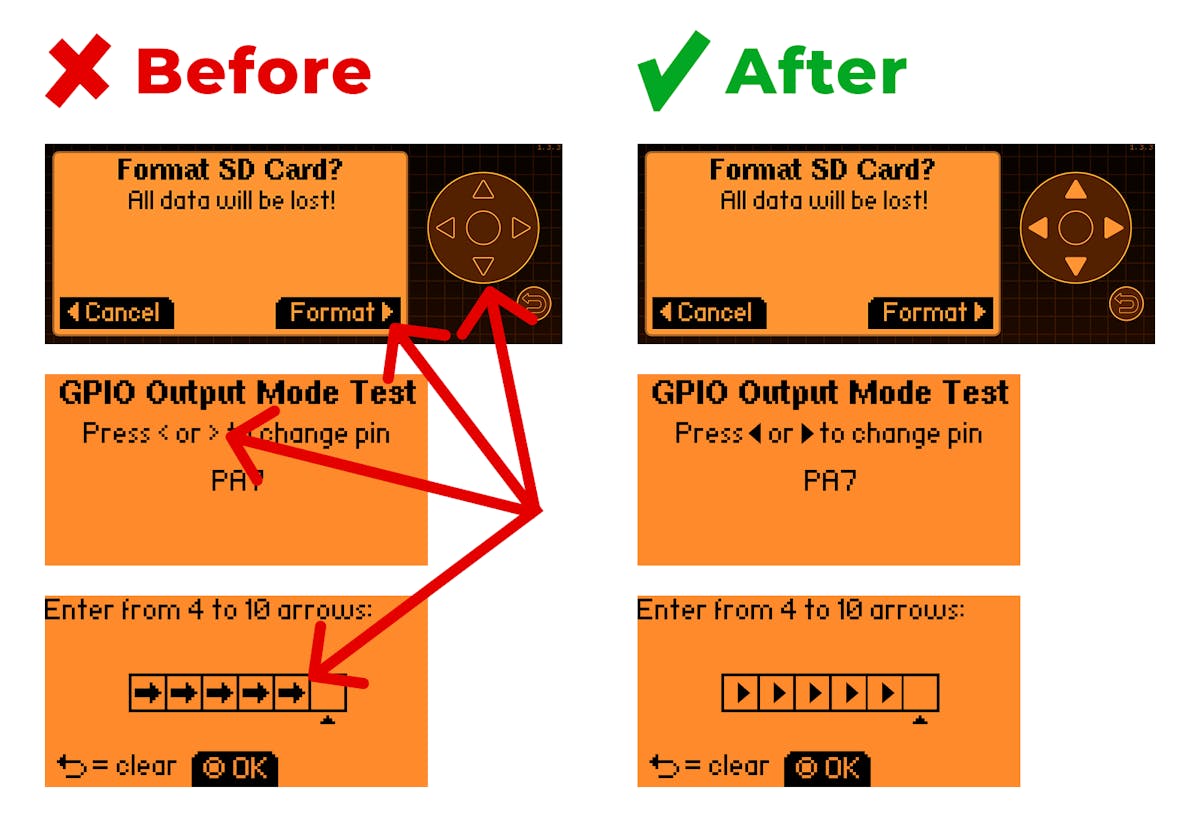 Example of using a single, unified icon style for joystick arrows (instead of 4 different styles for the same button)