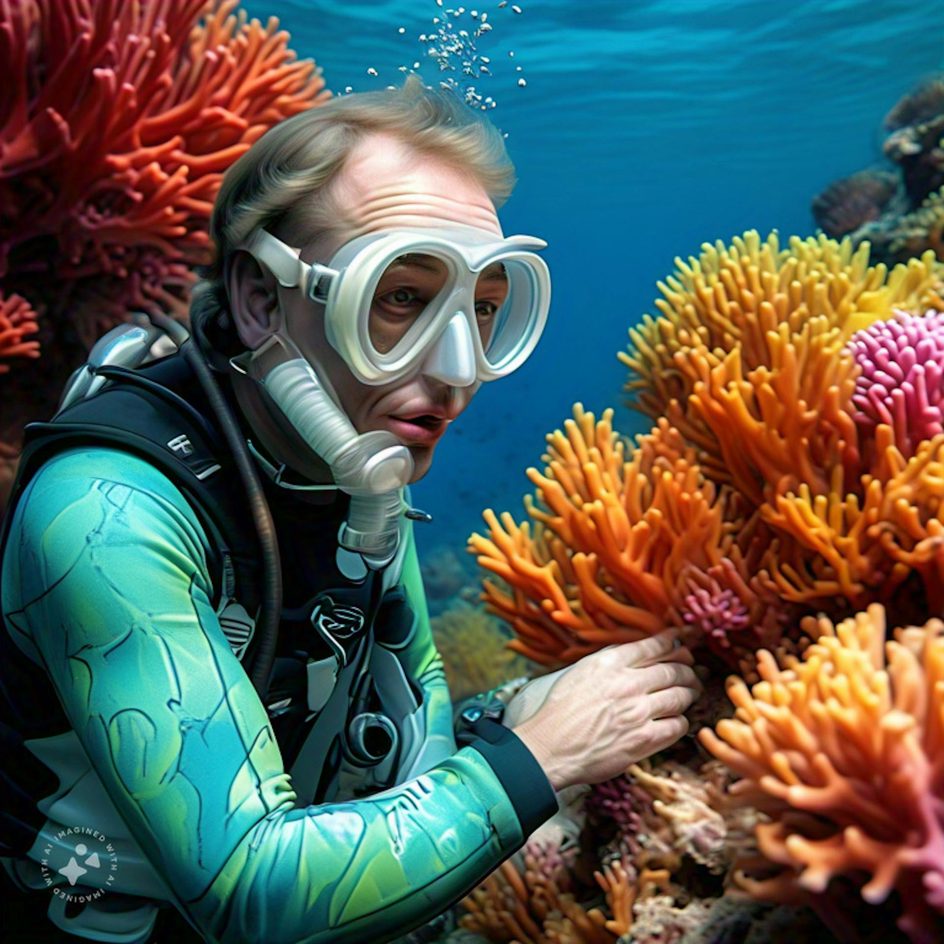 "A Scuba Diver Looking Down at a vibrantly colored coral reef"