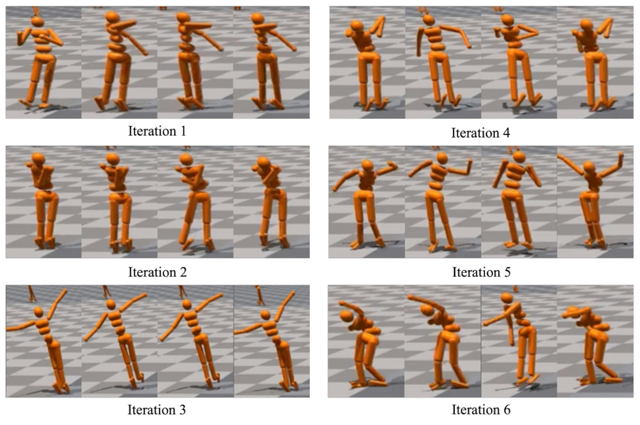 Figure 5: The humanoid learns a human-like jump by bending both legs and lowering the upper body to shift the center of mass in a trial of human-in-the-loop experiments. Note that both legs are used to jump and the agent bends at the hips.