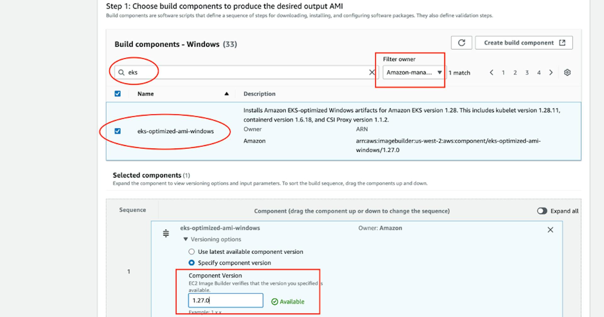 Search for Build Component and selecting the Version